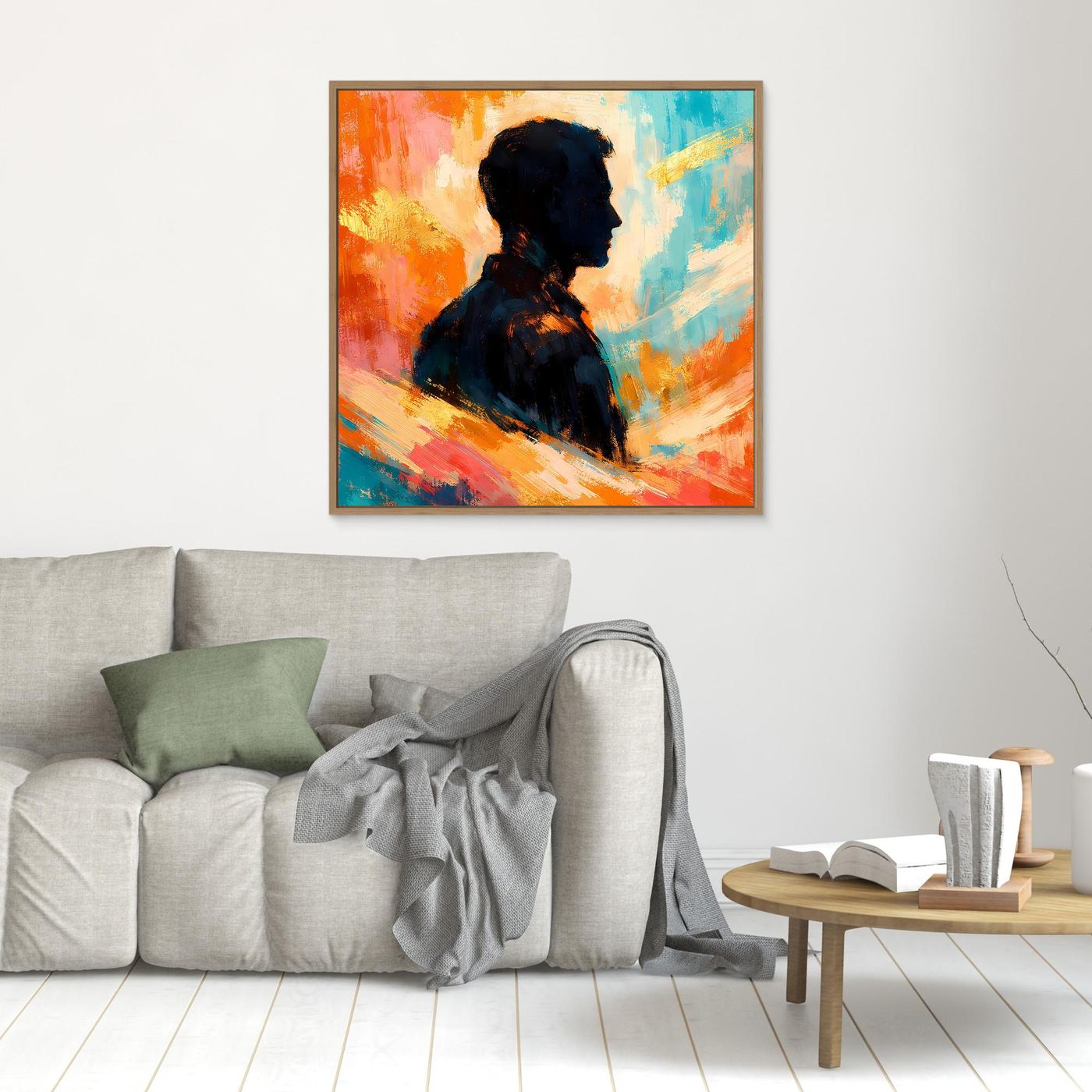 Kleines Leinwandbild mit Rahmen und abstrakter Silhouette eines Mannes in Blau-Orange