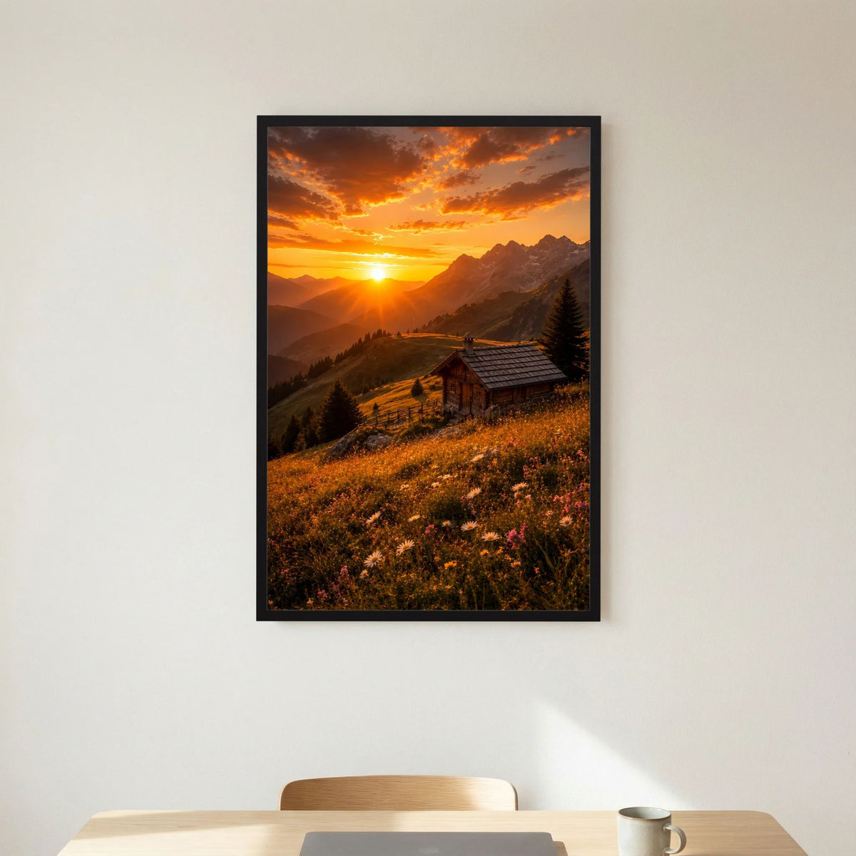 Hochformat-Poster mit orangefarbenem Sonnenuntergang, Berghütte und Bergkamm im schwarzen Rahmen
