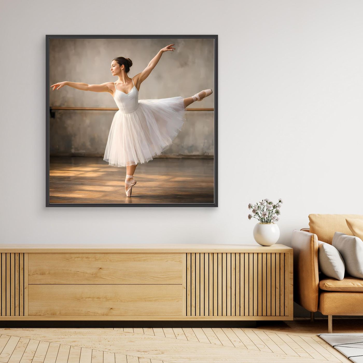 Ballett-Leinwandbild einer Ballerina im weißen Tutu, dunkler Rahmen
