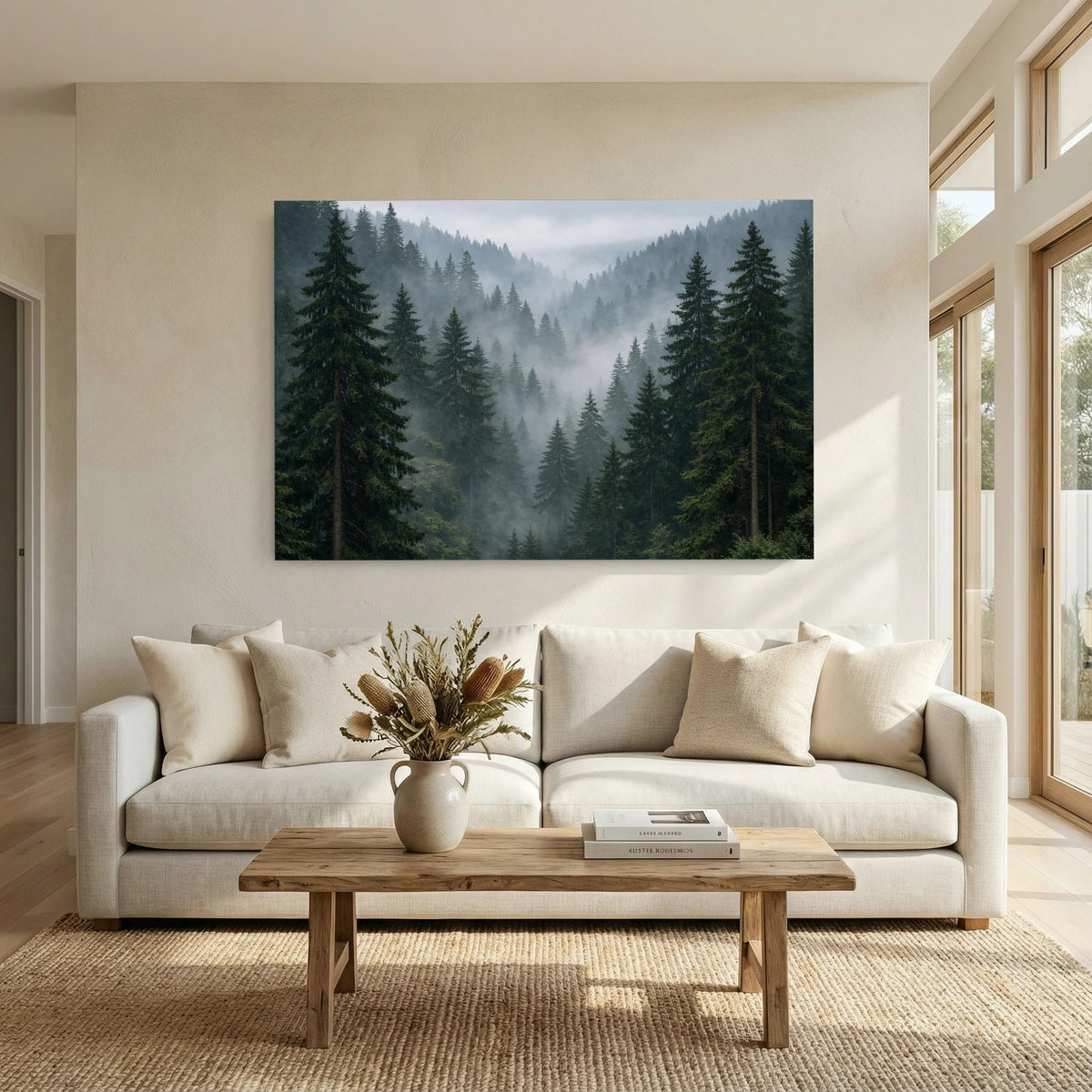 Querformatiges Wandbild mit mistigem Nadelwald: Tannen zwischen Nebelschleiern, tiefes Grün