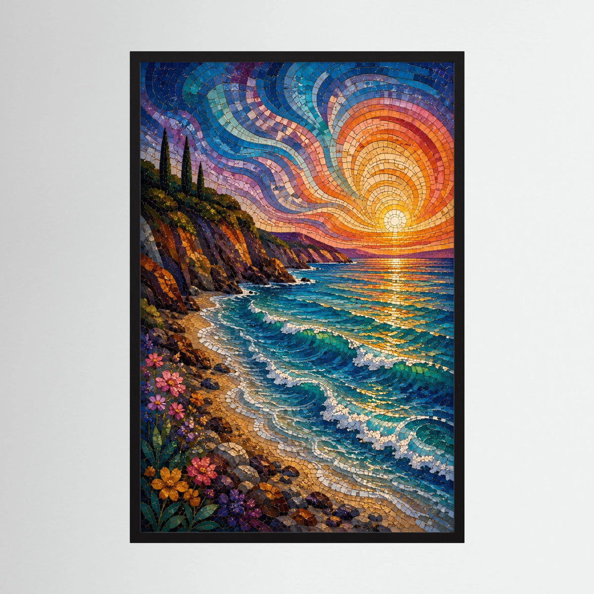 Mediterrane Küste im Mosaikstil | Sonnenuntergang am türkisblauen Meer | Poster Hochformat