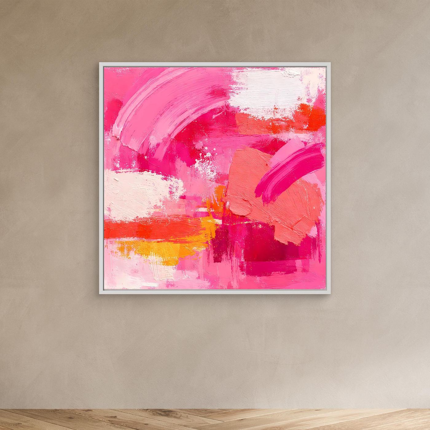 Abstraktes Leinwandbild im weißen Rahmen, rosa Pinselstriche mit orangefarbenen Akzenten.