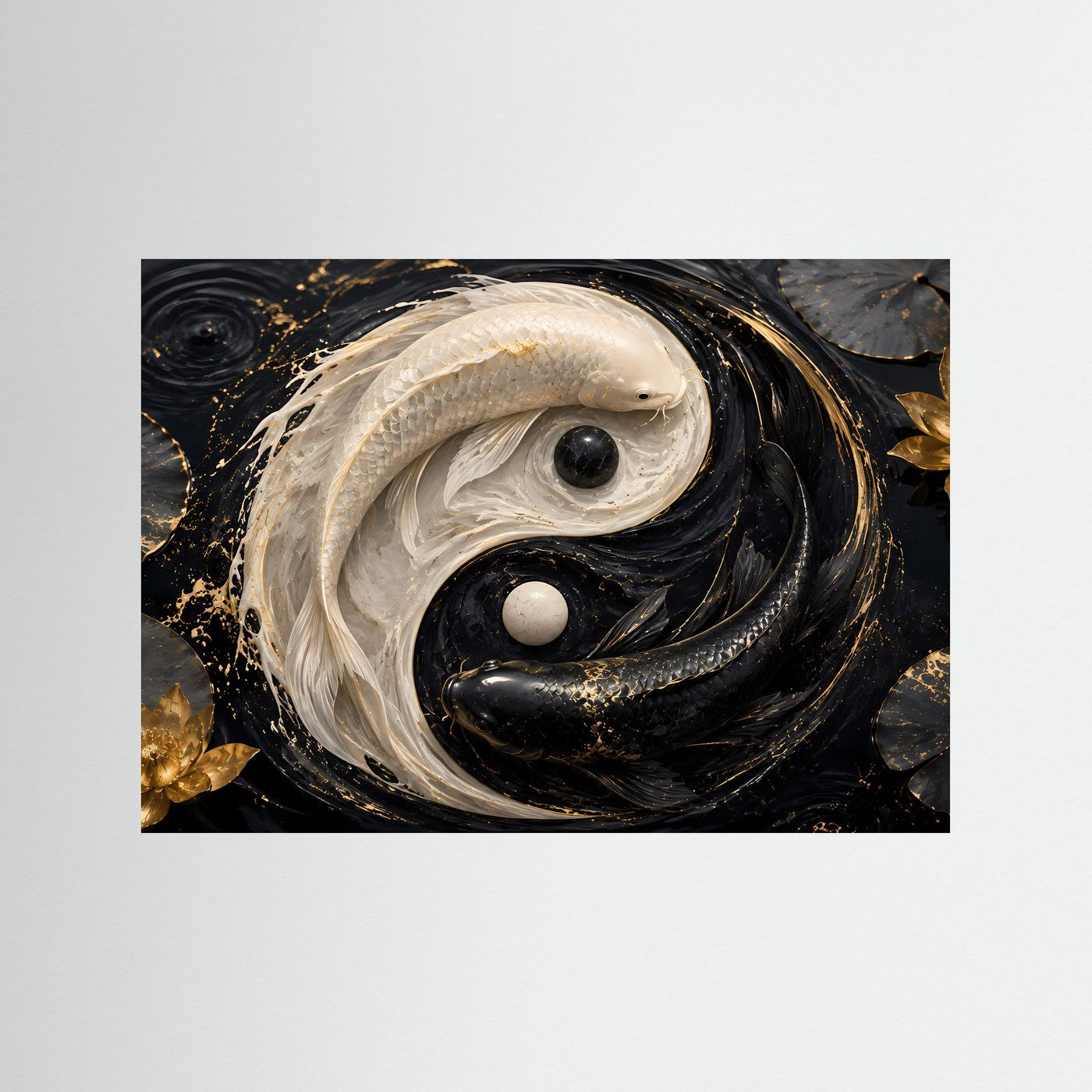 Yin Yang Koi Poster | Schwarzer & Weißer Koi mit Gold Lotus | Feng Shui Wandkunst | Abstrakte Zen Kunst | Premium Leinwand & Wall Art