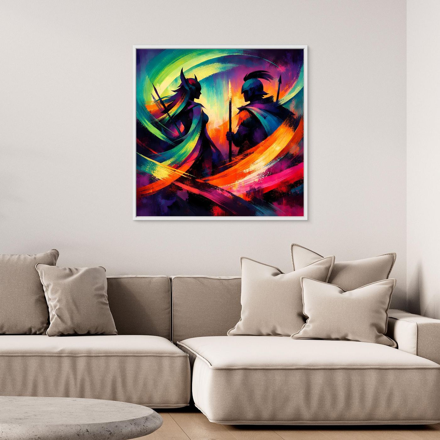 Gerahmtes Leinwandbild mit zwei Fantasy-Kriegern, bunten Pinselstrichen und Lichtflammen.