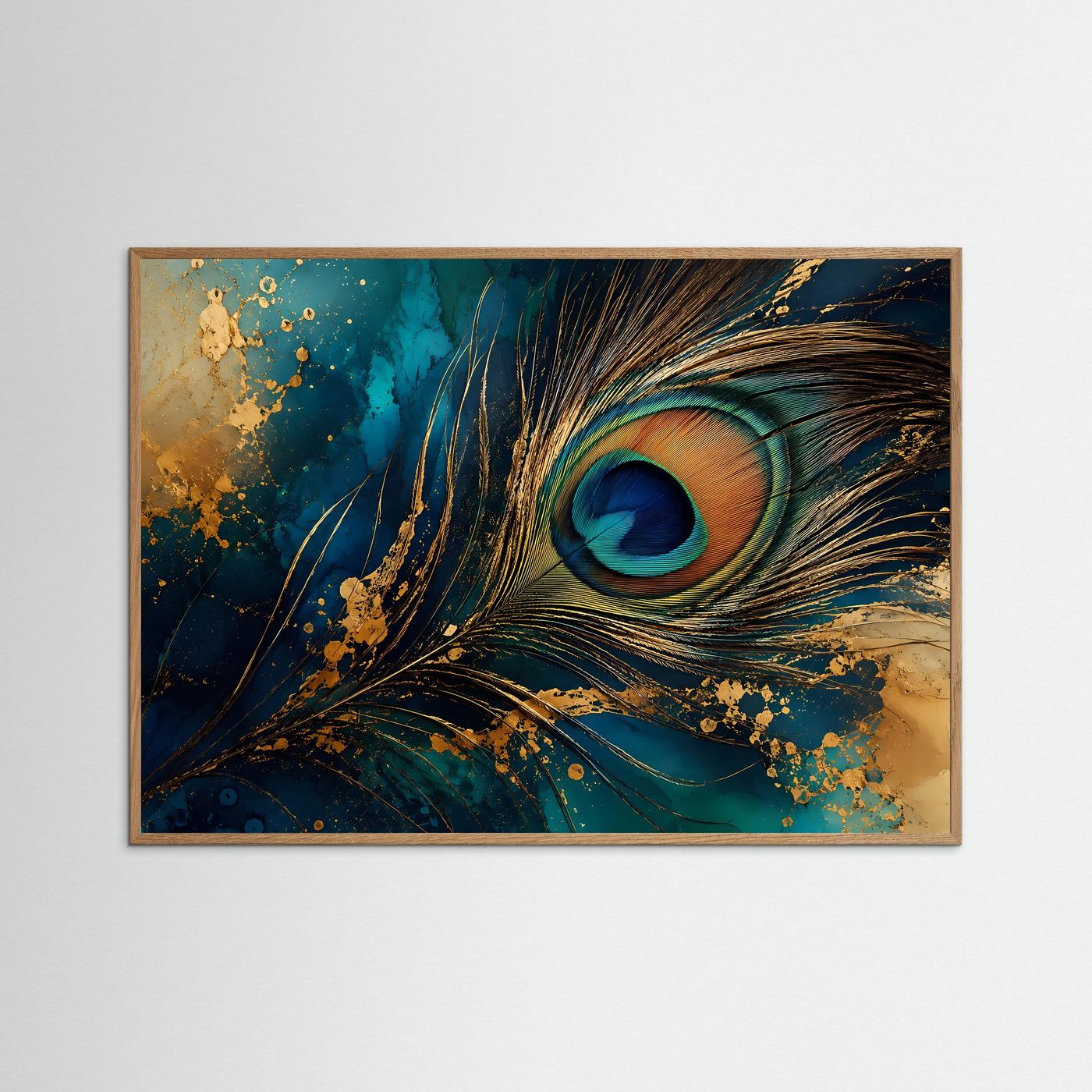 Pfauenfeder in Petrol & Gold | Luxuriöse abstrakte Wandkunst
