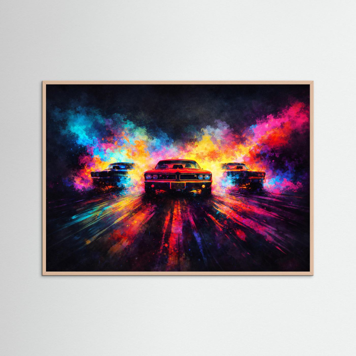 Explosive Neon Oldtimer | Buntes Retro Auto Wandbild & Kunst Poster Querformat