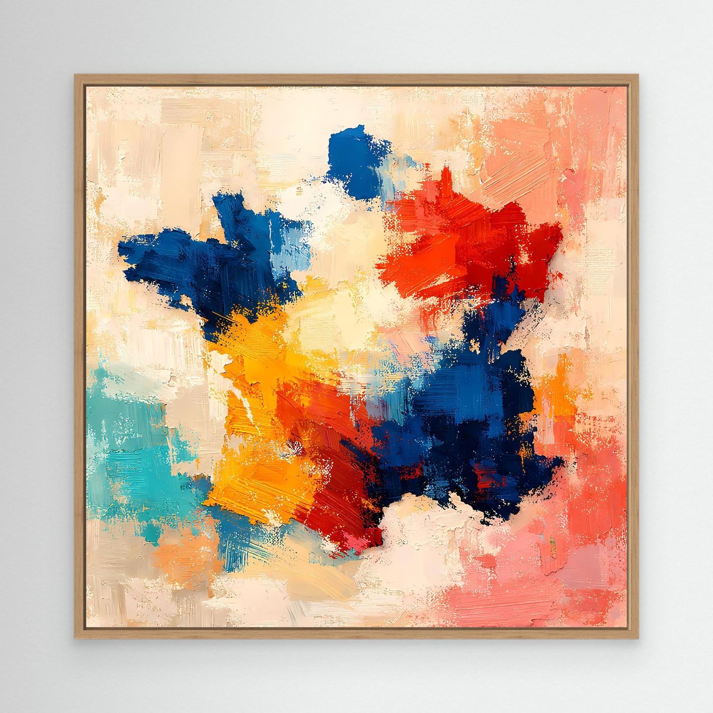 Abstract canvas wall art with blue, red, yellow, and teal paint splashes, light brown frame.