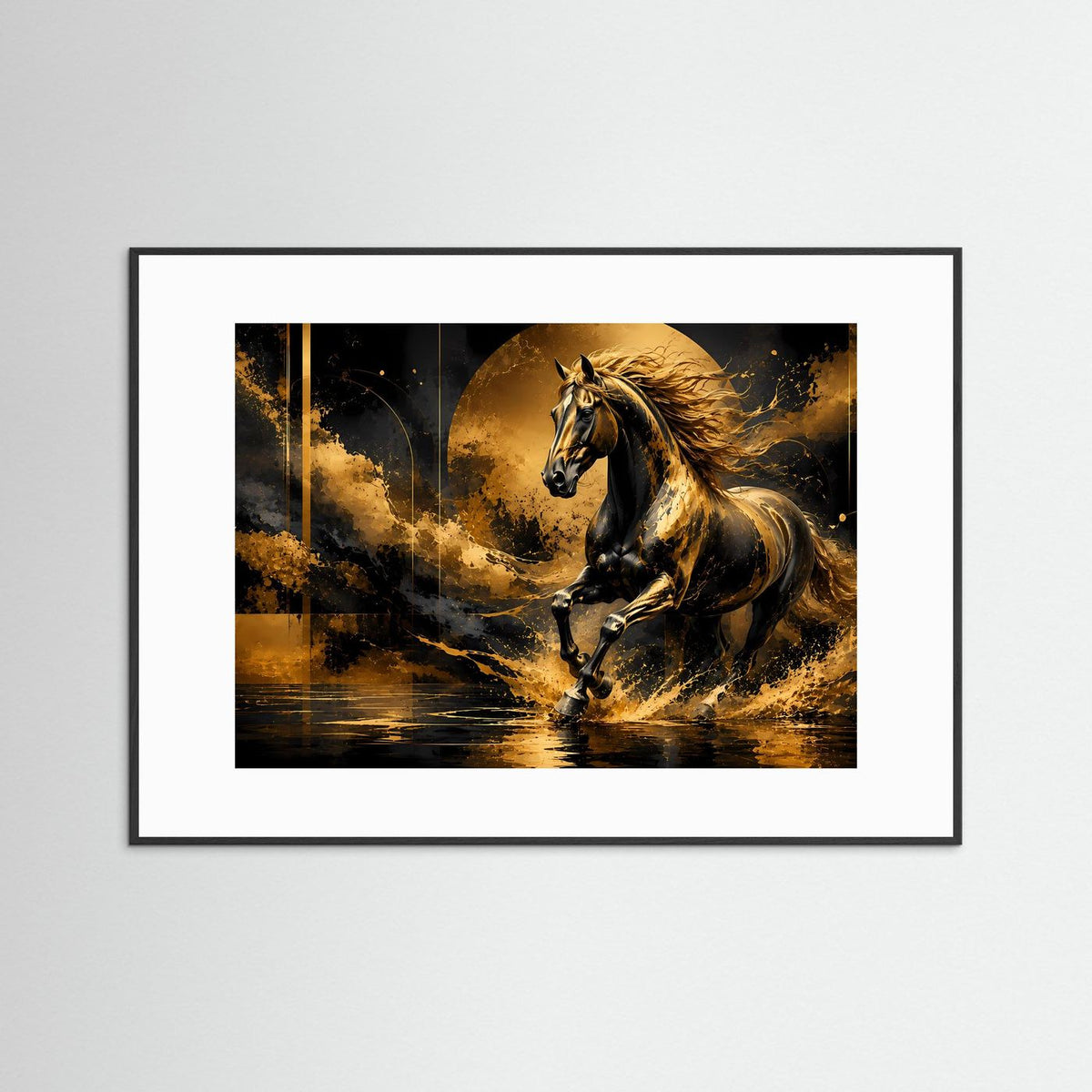 Querformat-Poster mit Pferdemotiv, schwarz-gold, schwarzer Rahmen und weißes Passepartout