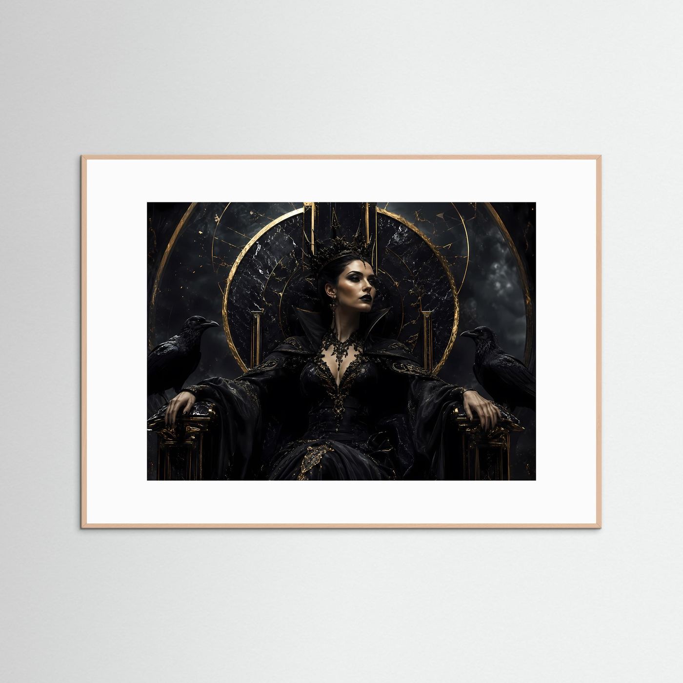 Dunkle Königin auf Marmorthron – Gothic Fantasy Motiv mit Krone & Raben