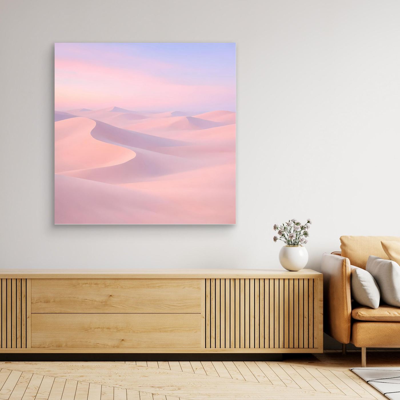 Quadratisches Leinwandbild mit Wüstendünen in Pastellrosa/Violett, ohne Rahmen