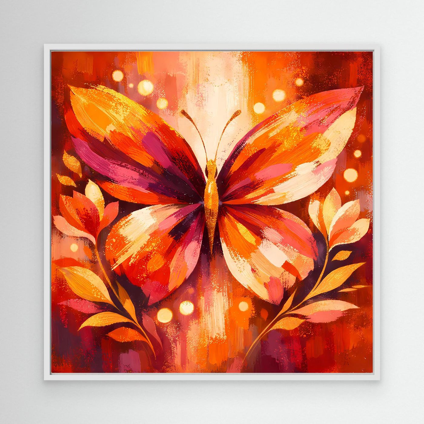 Leinwandbild mit leuchtendem Schmetterling in Orange und Pink, weißer Rahmen.