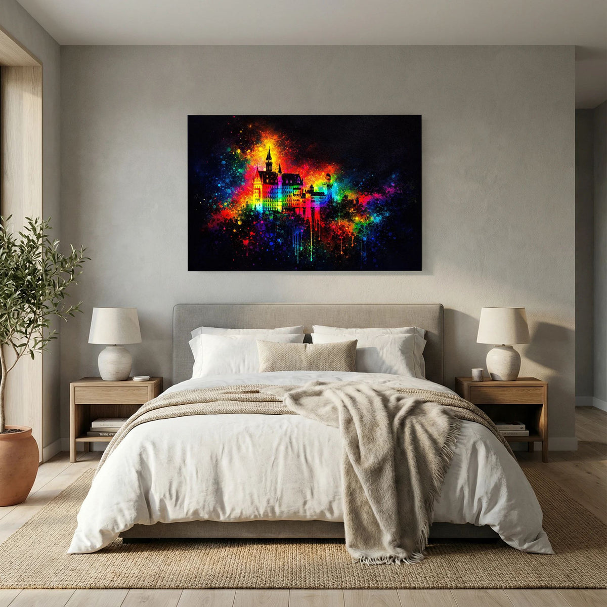 Wandposter Querformat mit bunten Farbspritzern um ein Märchenschlossmotiv, schwarzer Rahmen