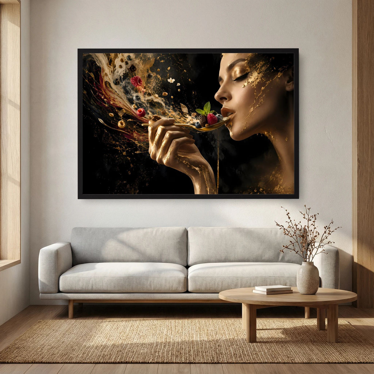 Querformat-Poster im schwarzen Rahmen mit Frauenporträt, goldene Spritzer und Beeren