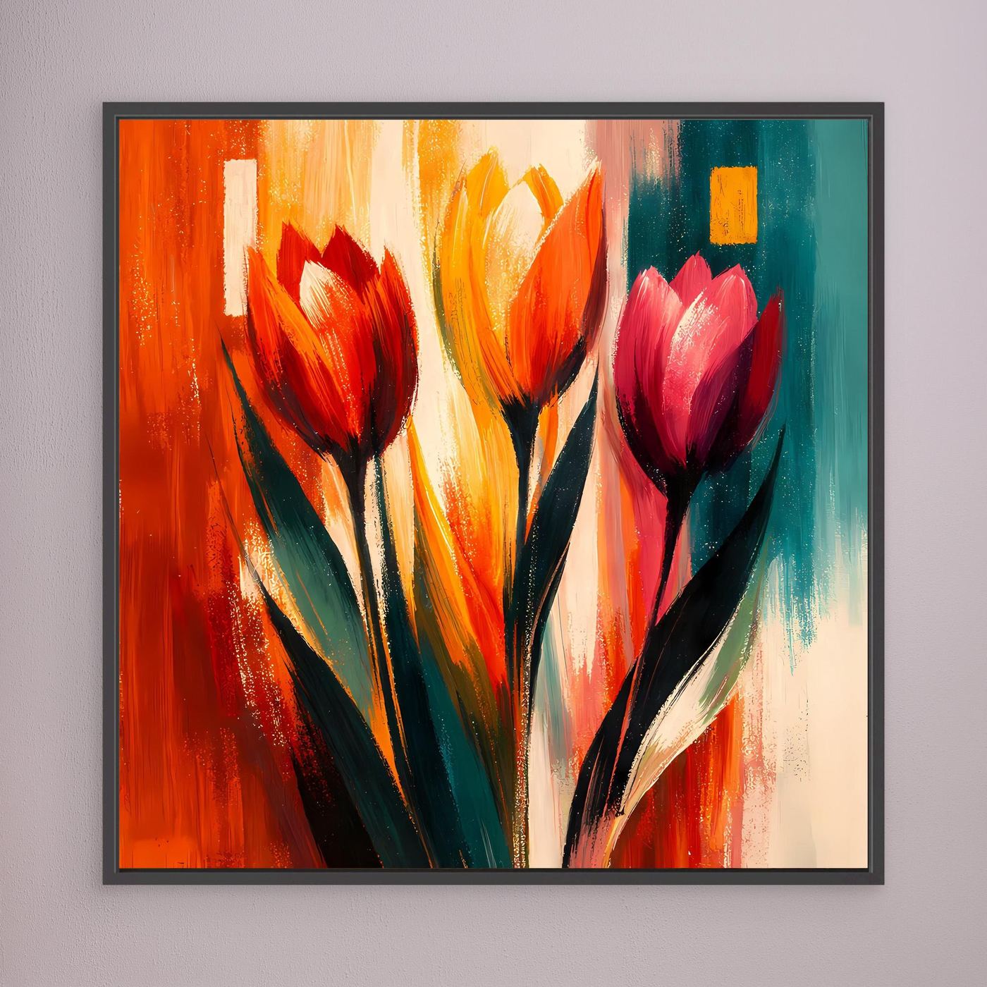 Leinwandbild mit abstrakten Tulpen in Rot, Orange, Gelb und Türkis, schwarz/dunkel gerahmt