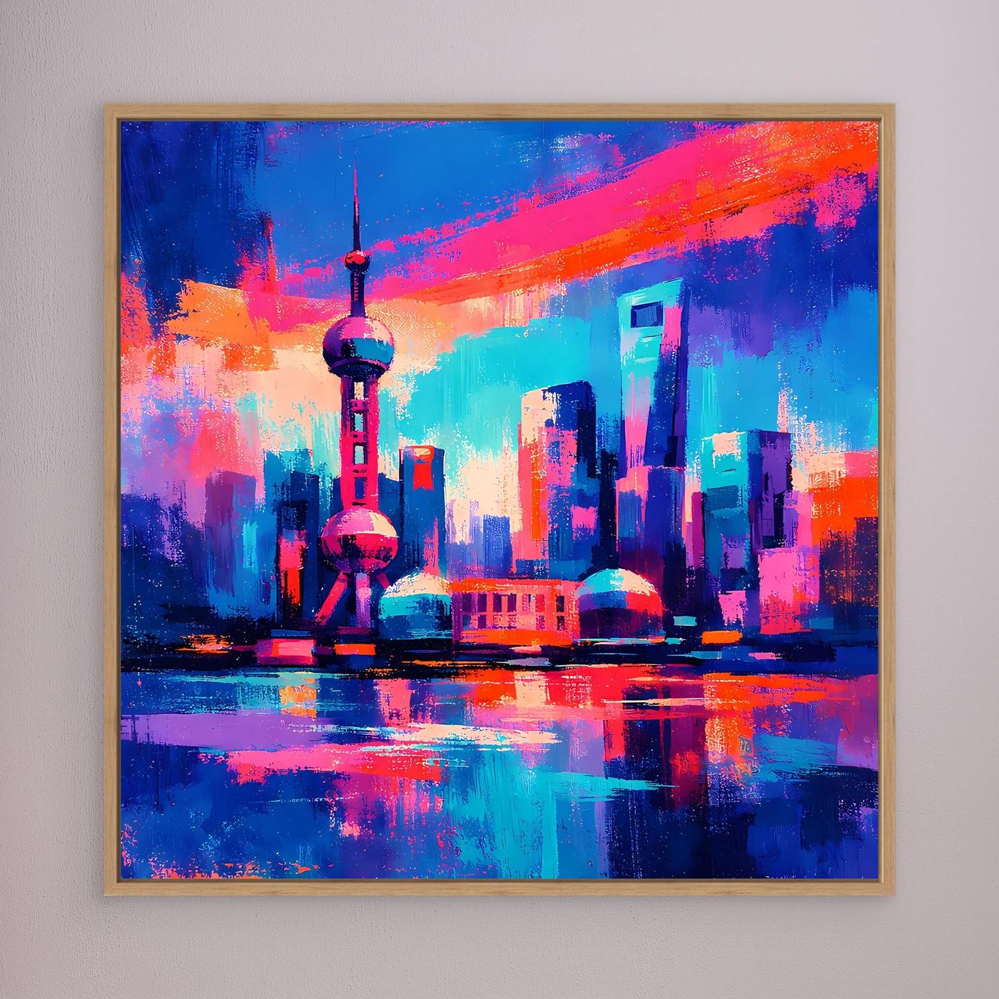 Wandbild mit abstrakter Neon-Stadtansicht und Reflexionen, braun gerahmt