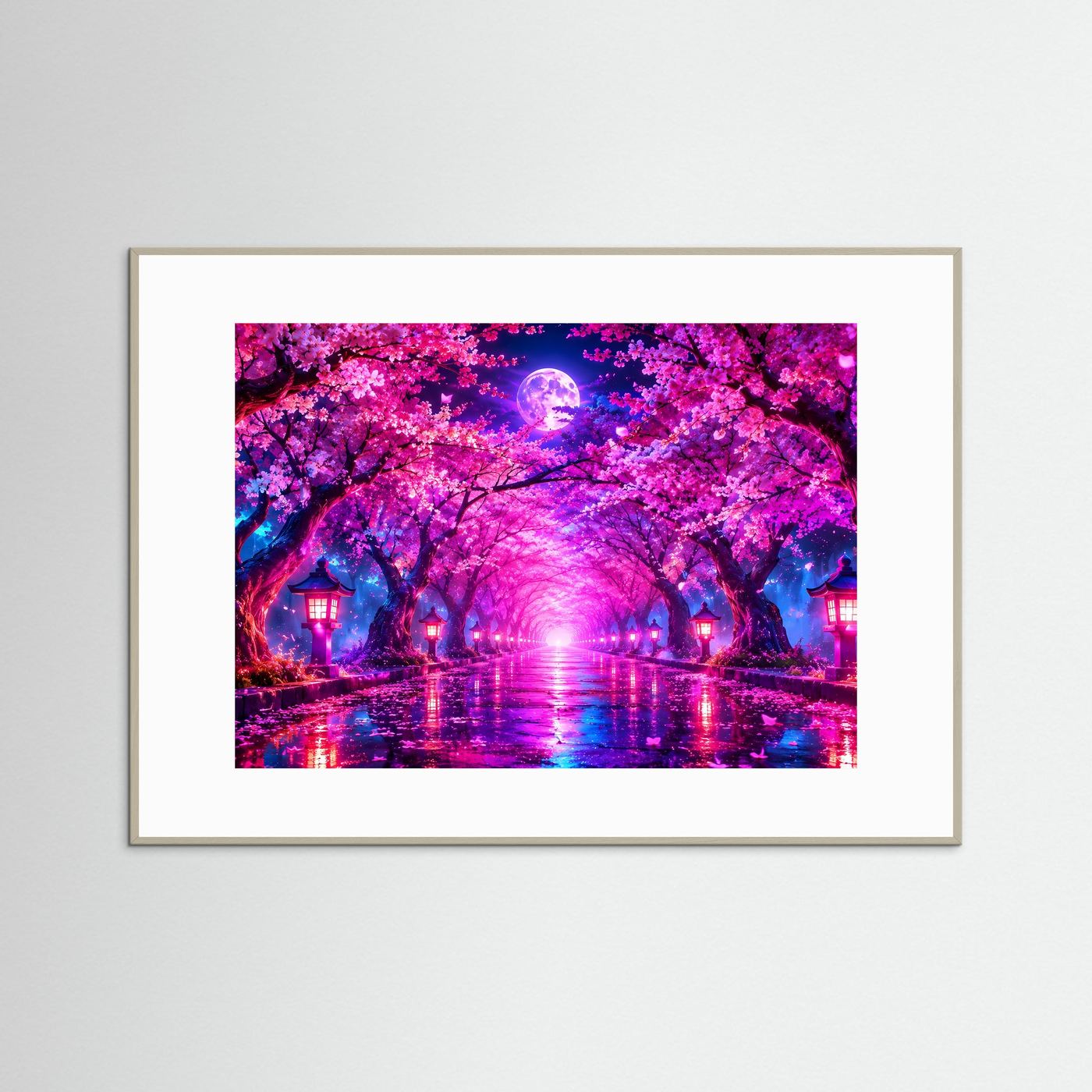 Kirschblüten Allee Wandbild Neon | Japan Poster Sakura Nacht | Leuchtender Vollmond | Fantasy Landschaft | Moderne Leinwand Wandkunst