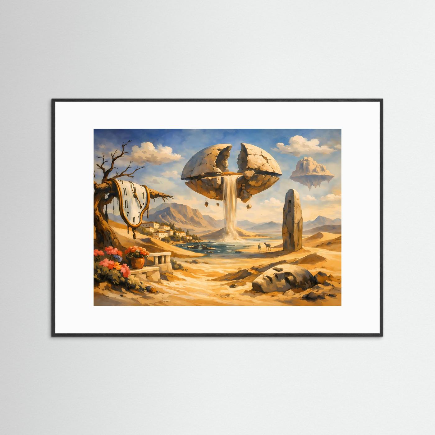 Surreale Traumlandschaft mit schmelzender Uhr & Wasserfall | Surrealismus Panorama Poster Querformat