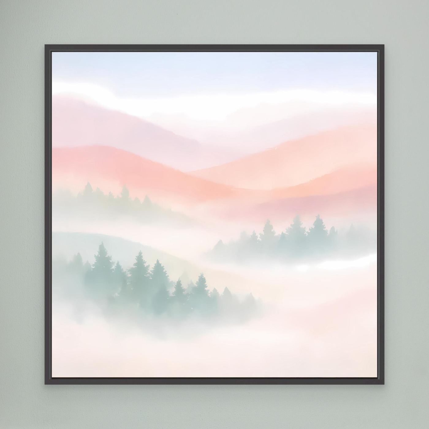 Leinwandbild mit schwarzem Rahmen, pastellfarbenes Nebelgebirge mit Tannen und Bergzügen