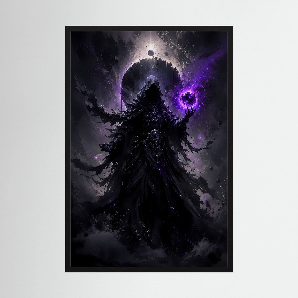 Fantasy-Poster: dunkler Magier mit violetter Energie im schwarzen Rahmen, Hochformat