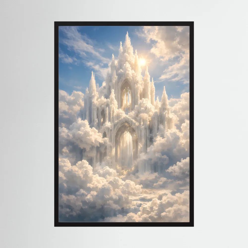 Hochformatposter mit Schloss aus Wolken und goldener Sonne, schwarzer Holzrahmen