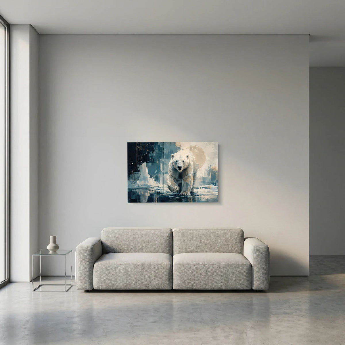 Kleines Querformat-Poster mit Eisbär im blau-beigen Abstraktstil, frontal laufend.