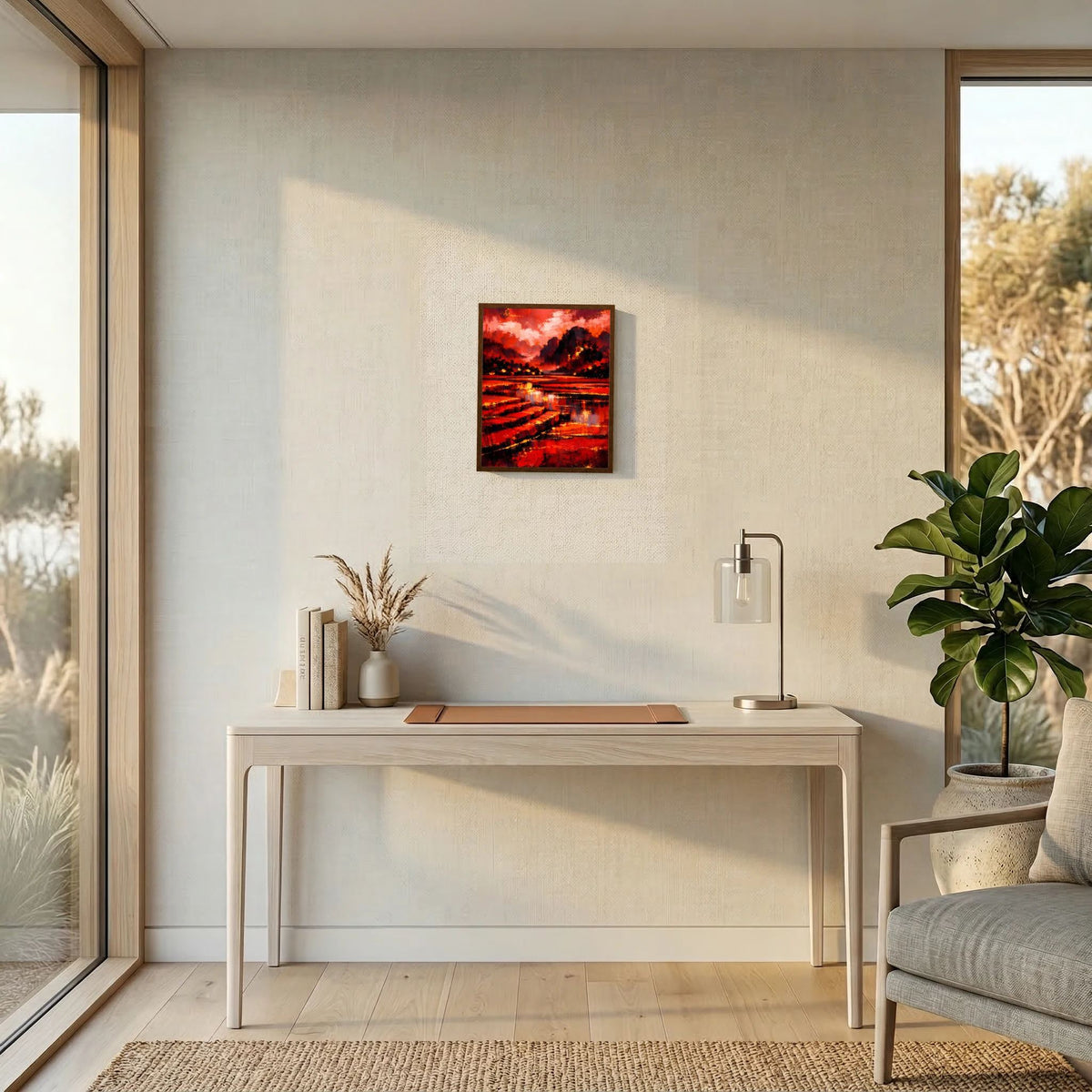Gerahmtes Kunstposter mit abstrakter Rot-Schwarz-Landschaft, Flussstreifen und dunklem Berg