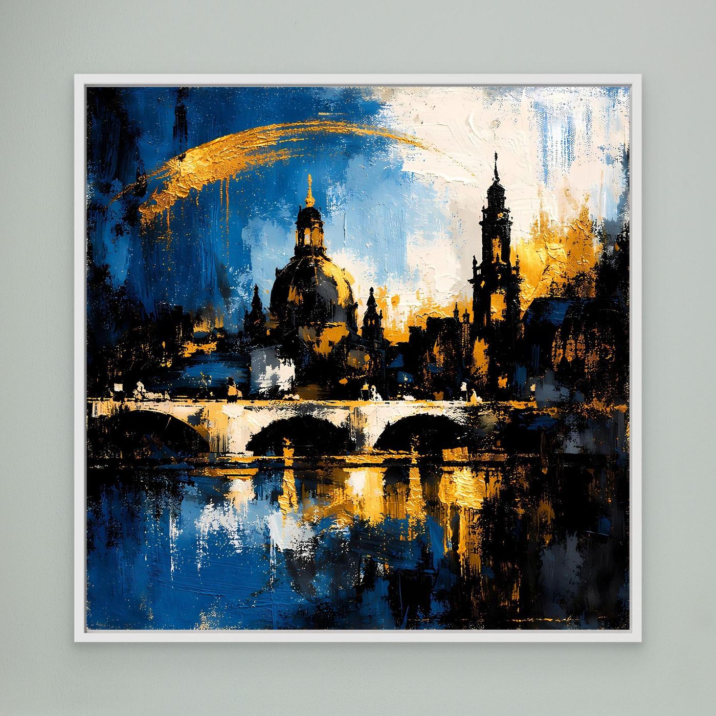 Leinwand-Wandbild mit abstrakter Skyline in Blau, Gold und Schwarz, Elbansicht mit silberweißem Rahmen