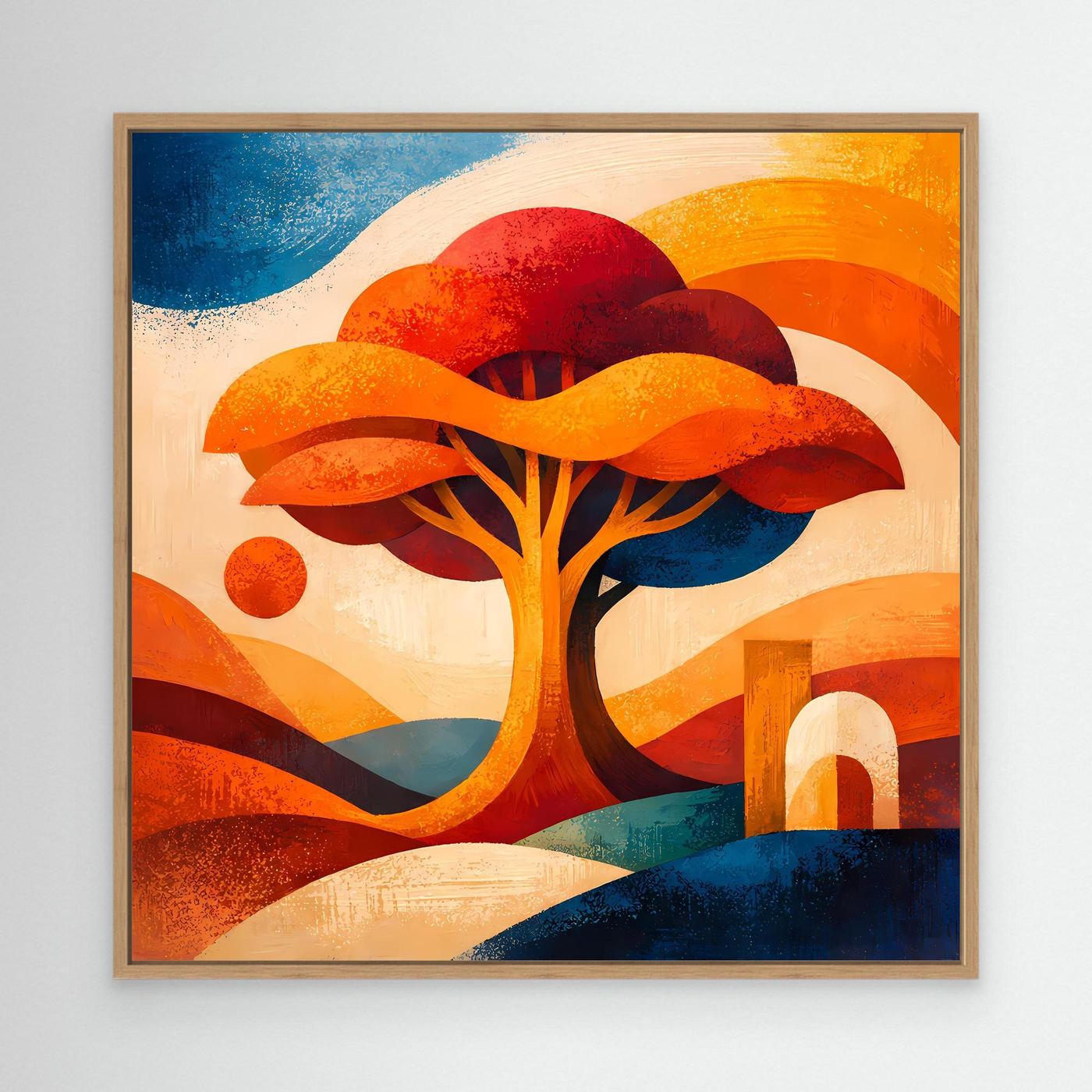 Leinwandbild mit abstraktem Lebensbaum im hellen Holzrahmen, orange-rote Farben, blau