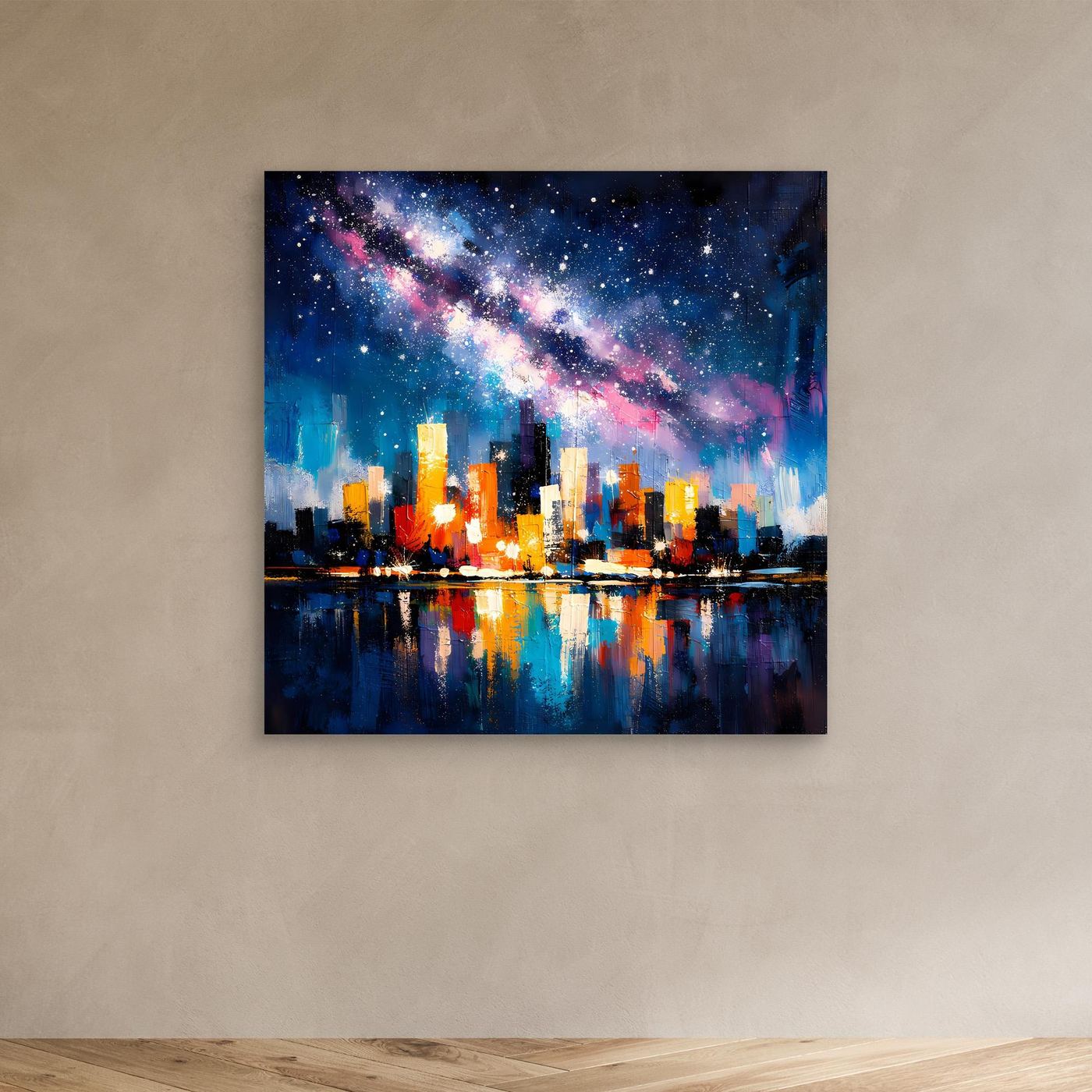 Starry city skyline wall canvas art with glowing towers and pink-blue milky way