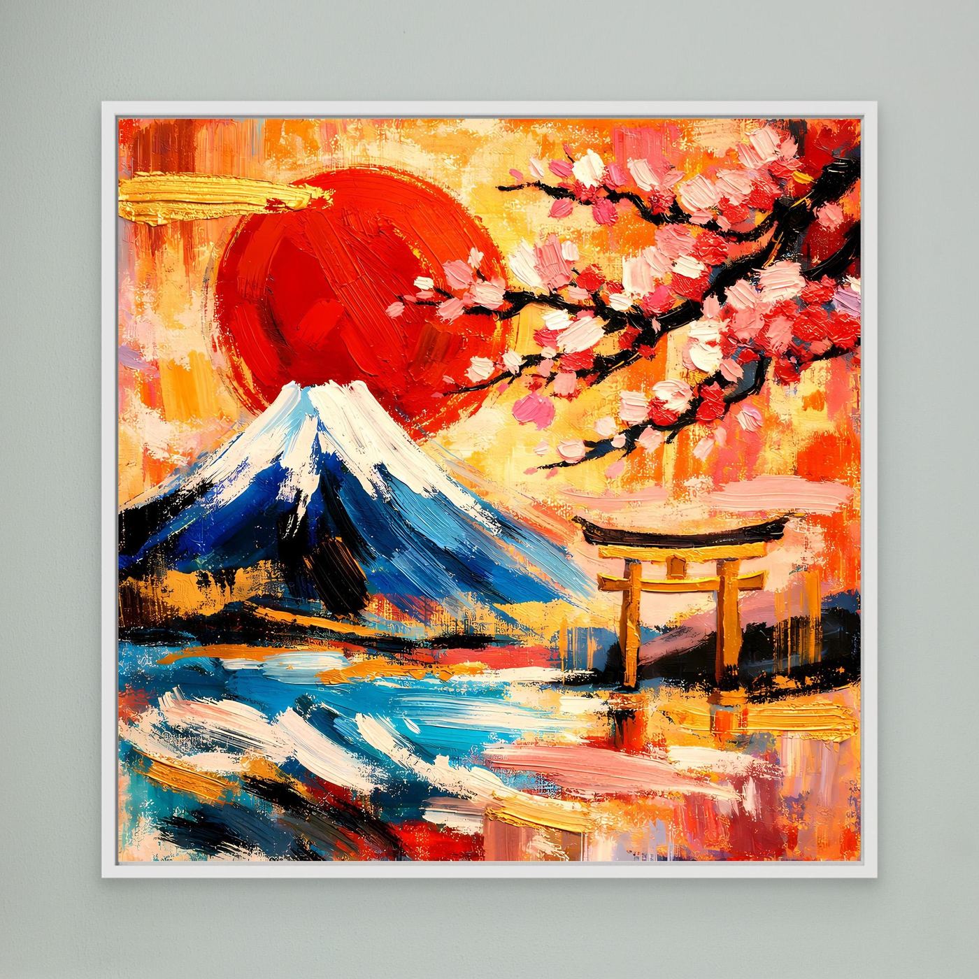 Leinwandbild mit Rahmen: roter Fuji, Kirschblüten und Torii in abstrakten Farben
