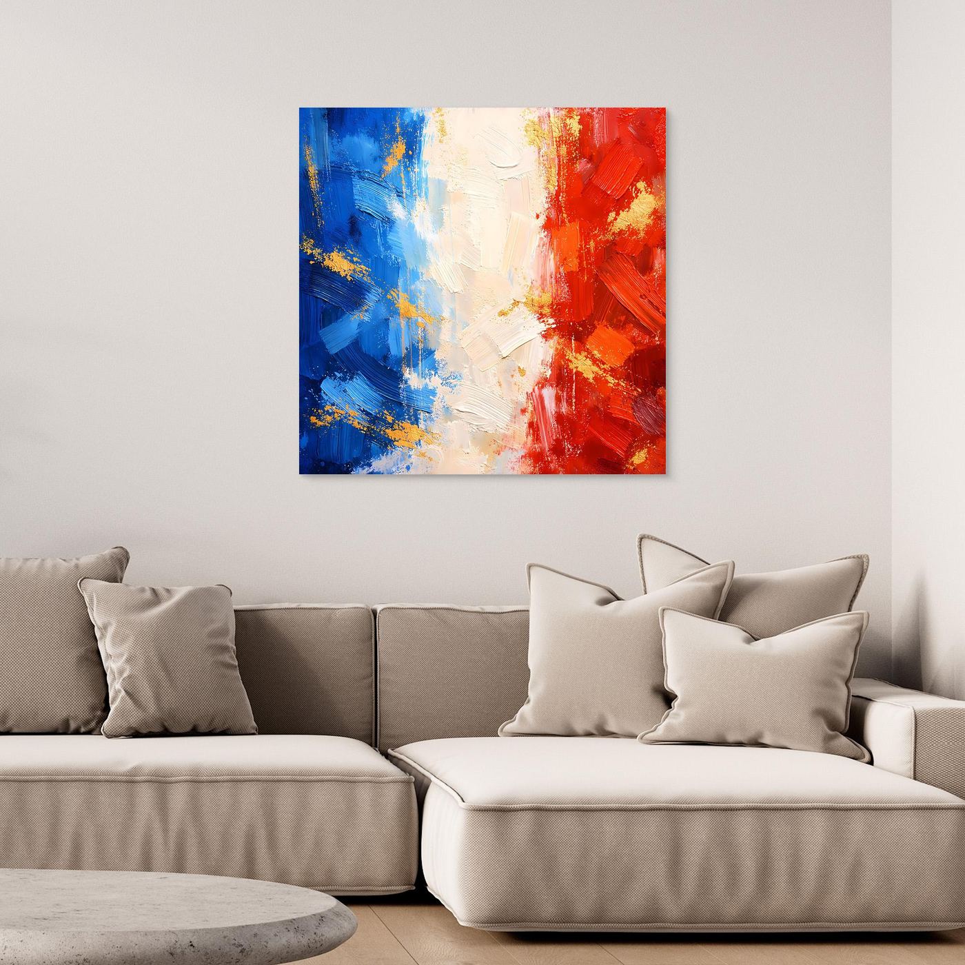 Abstraktes Leinwandbild mit Frankreich-Farben: Blau, Weiß und Rot, goldene Akzente