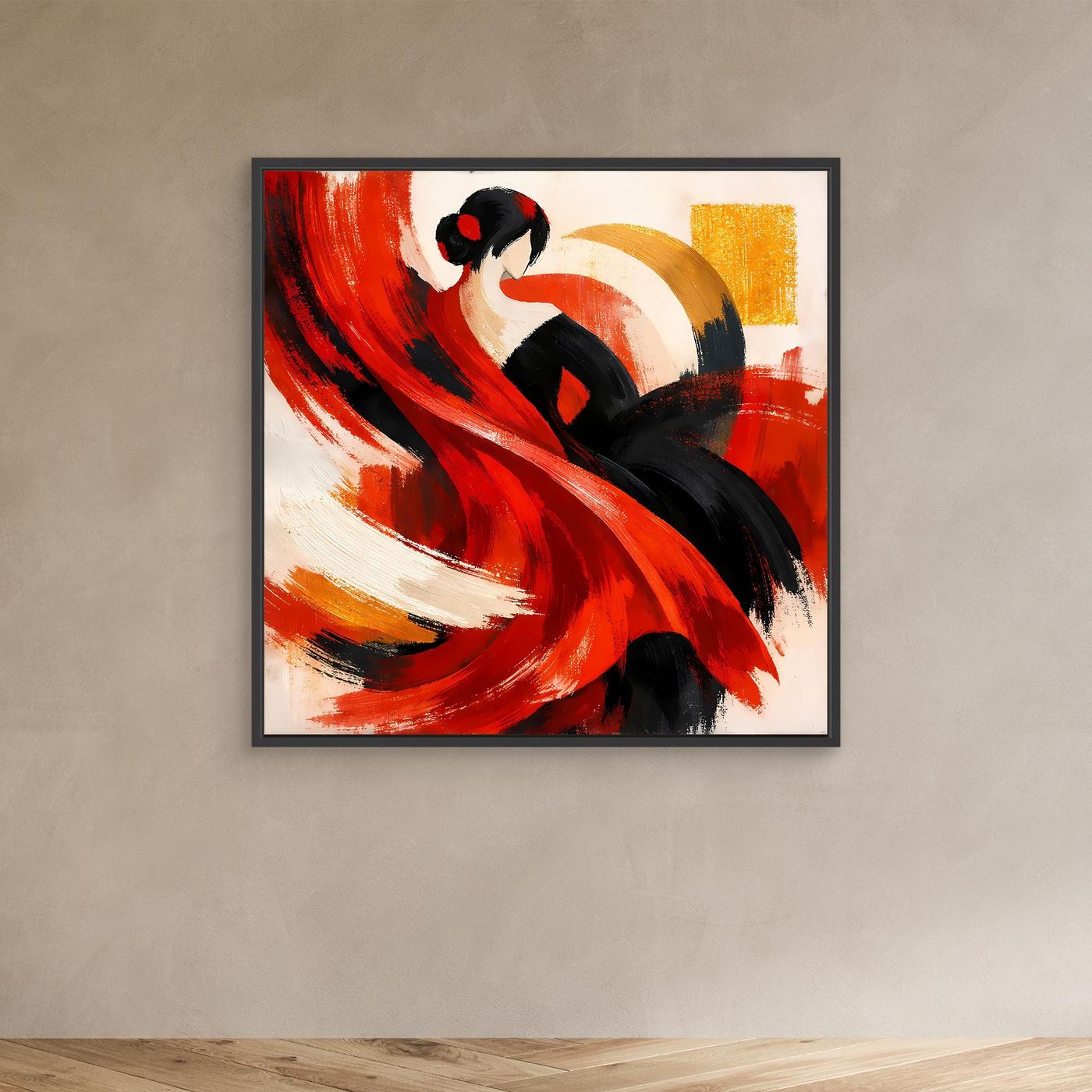 Leinwandbild mit abstrakter Flamenco-Tänzerin in Rot und Schwarz, dunkelgrauer Rahmen