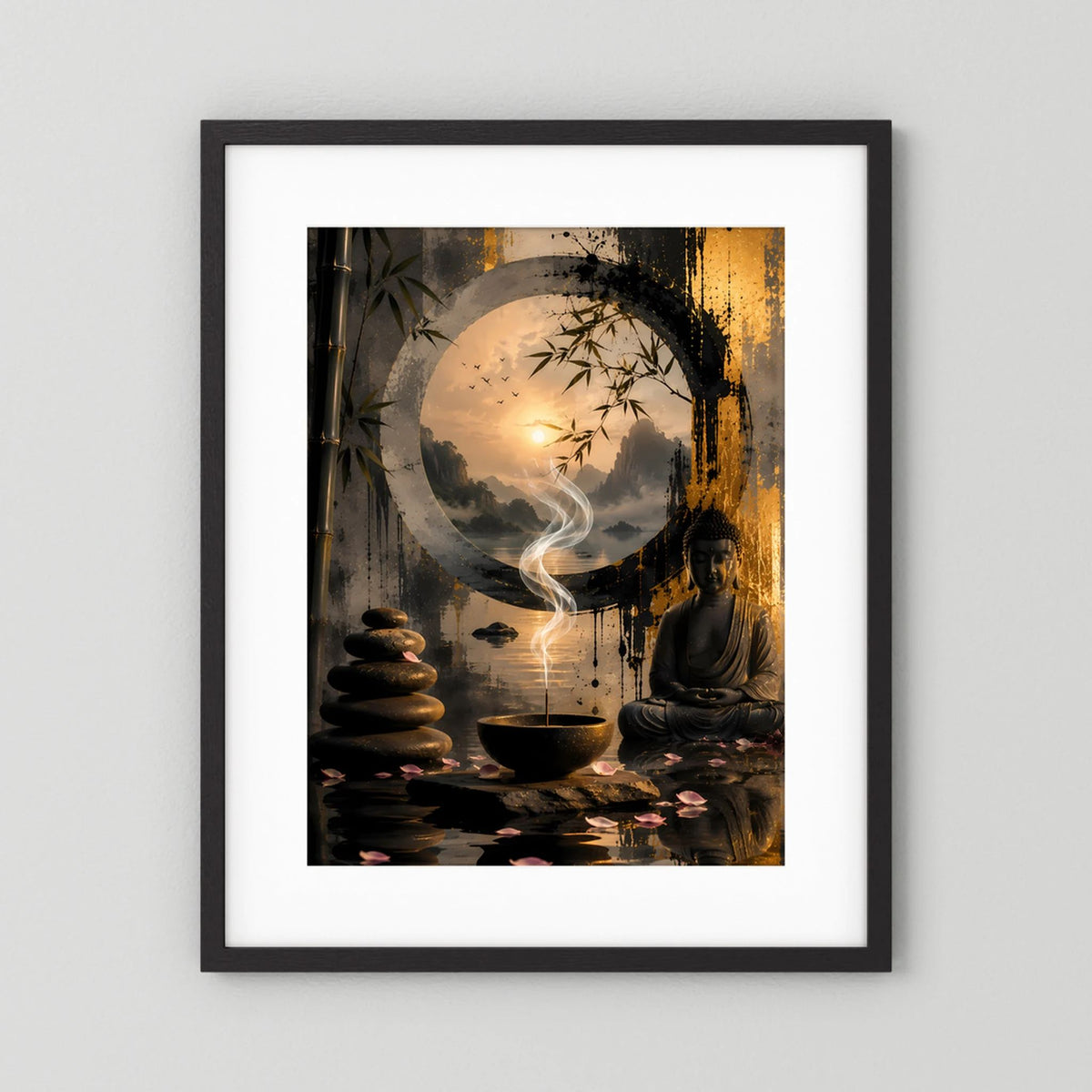 Poster im schwarzen Rahmen mit Buddha-Motiv: Räucherrauch, Teeschale und Steinsäulen