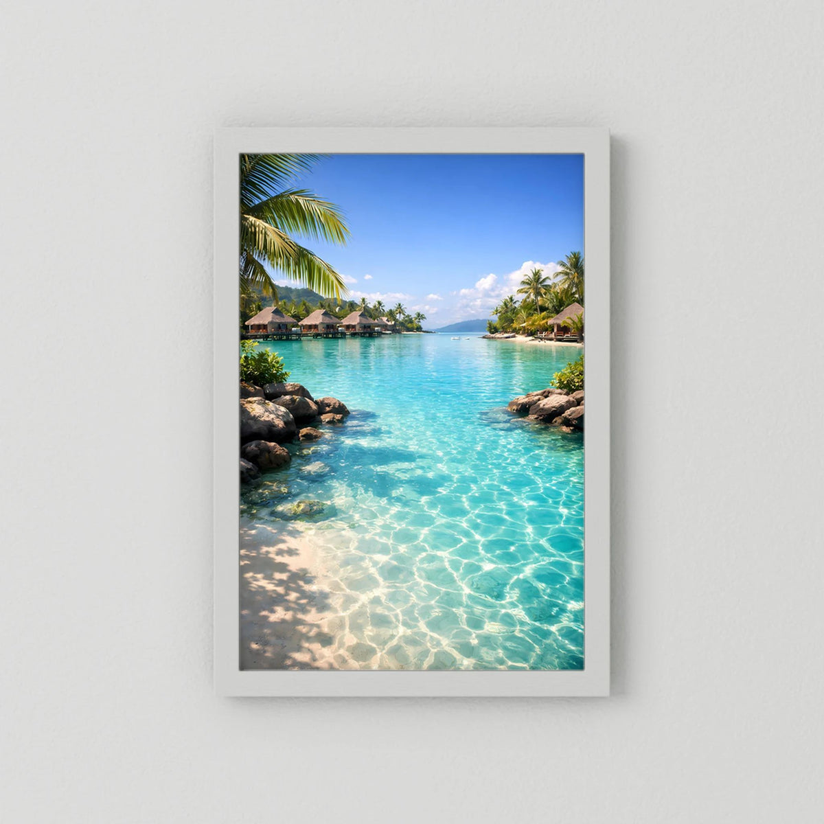 Hochformat-Wandbild mit weißem Passepartout und tropischer Lagune in Türkis