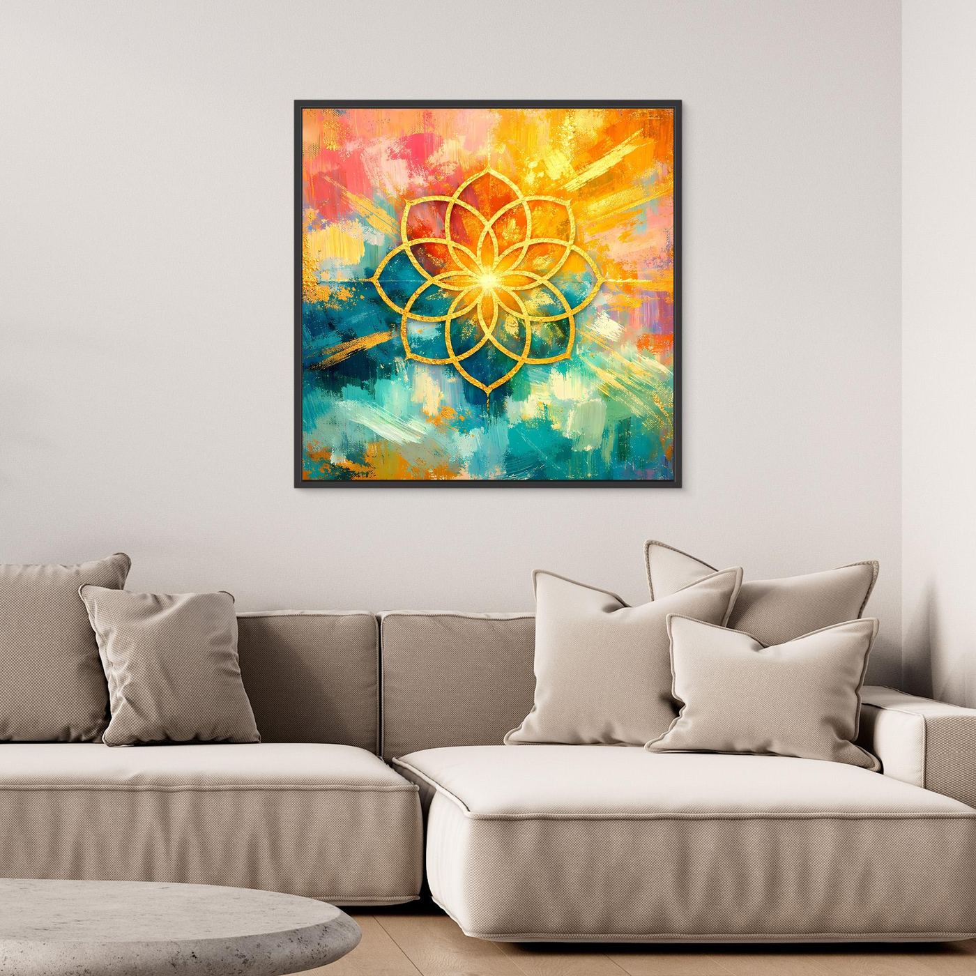 Leinwandbild Blume des Lebens mit Mandala, goldene Linien in bunten Farben, schwarz gerahmt.