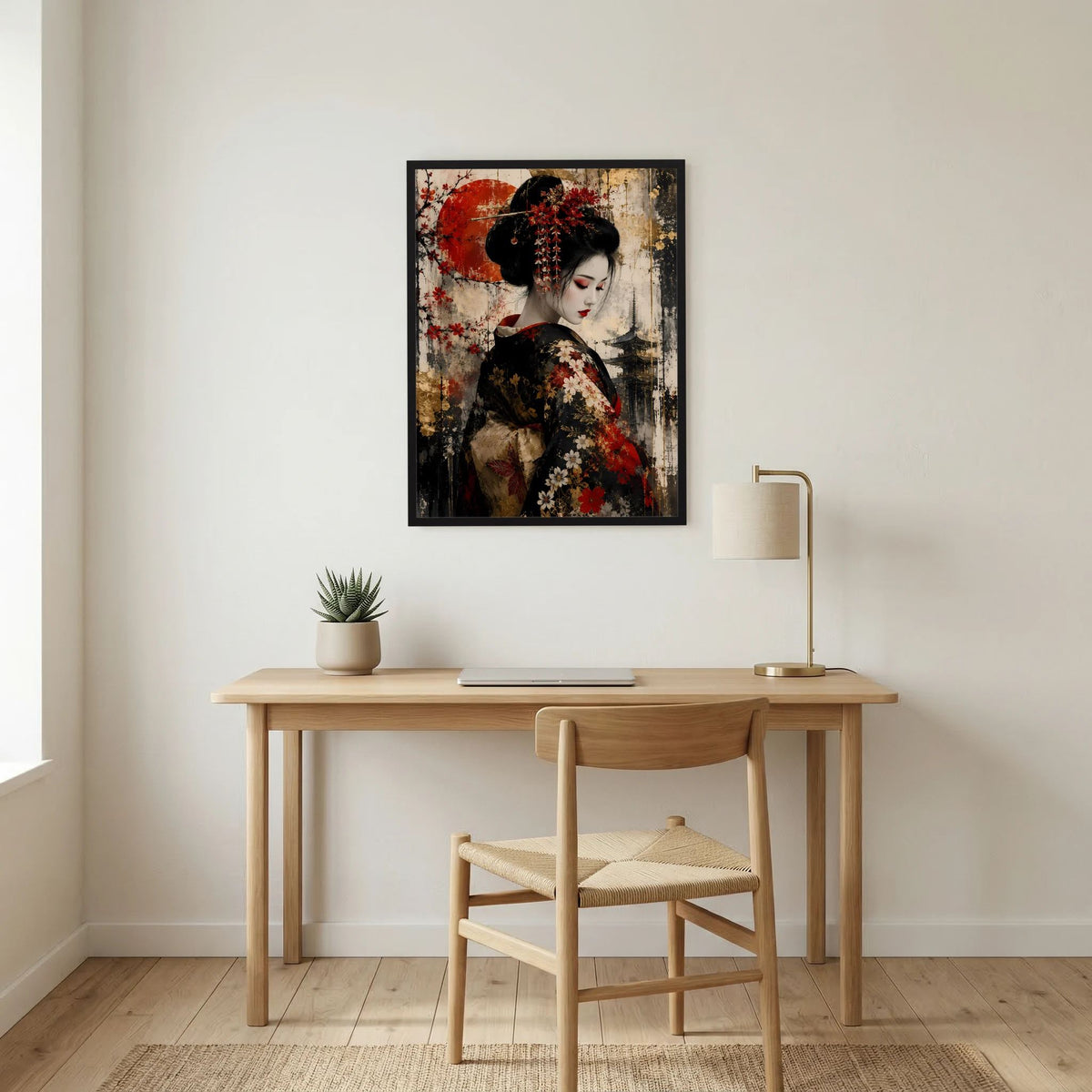 Gerahmtes Poster mit Dreiviertelprofil einer japanischen Frau in Schwarz und Rot, florale Akzente