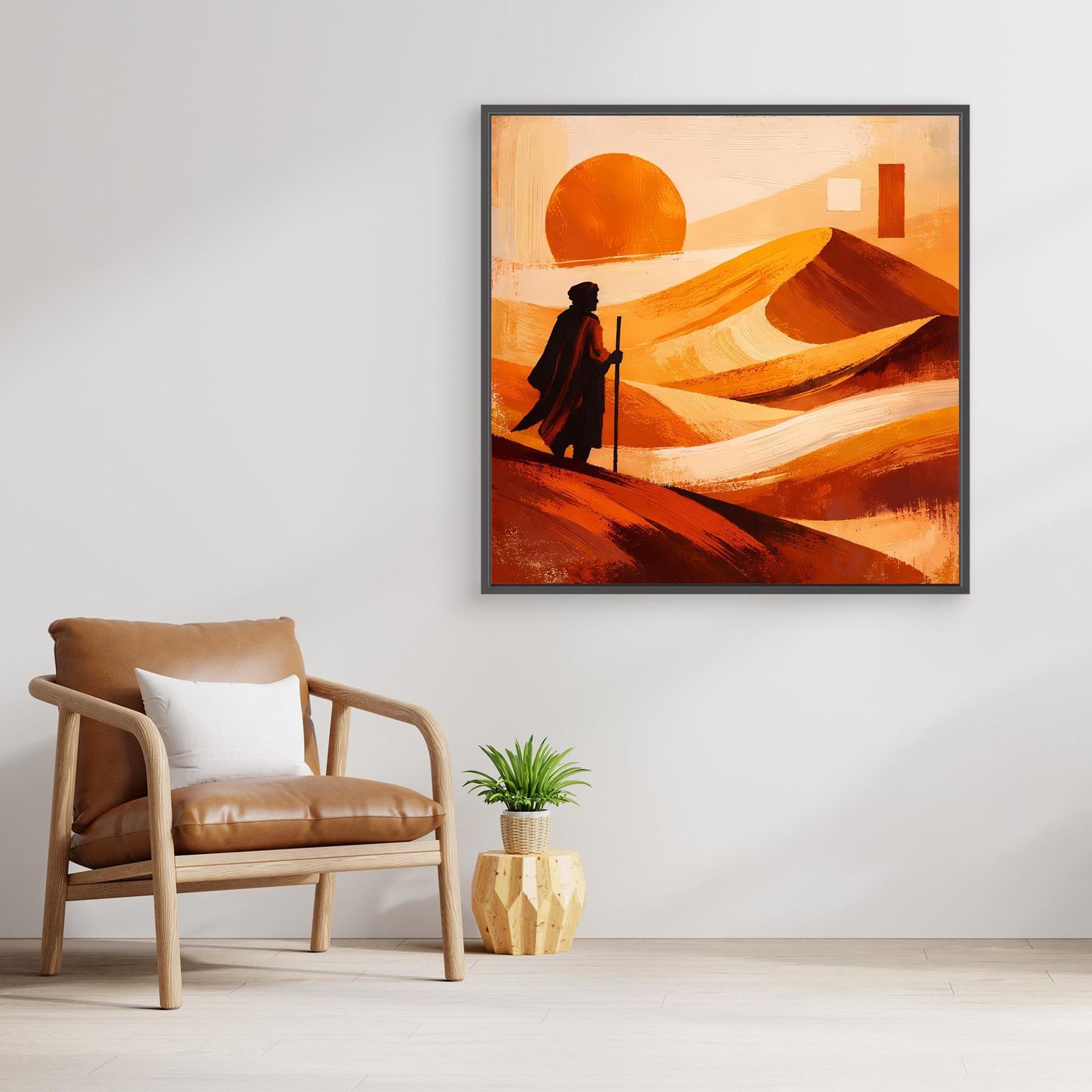 Gerahmtes Leinwandbild mit abstrakter Wüstenlandschaft: orange Sonne, rote Dünenlinien und Wanderfigur.