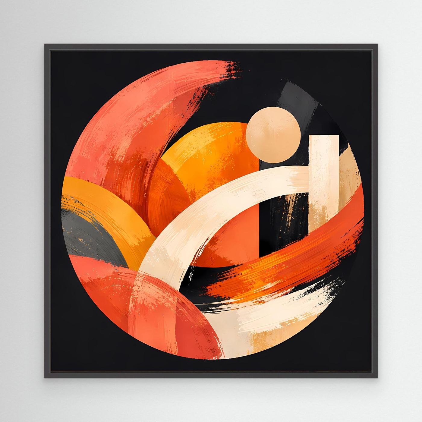 Leinwandbild mit geometrischem Kreis aus Pinselstrichen in Orange, Beige und Weiß, schwarzer Rahmen