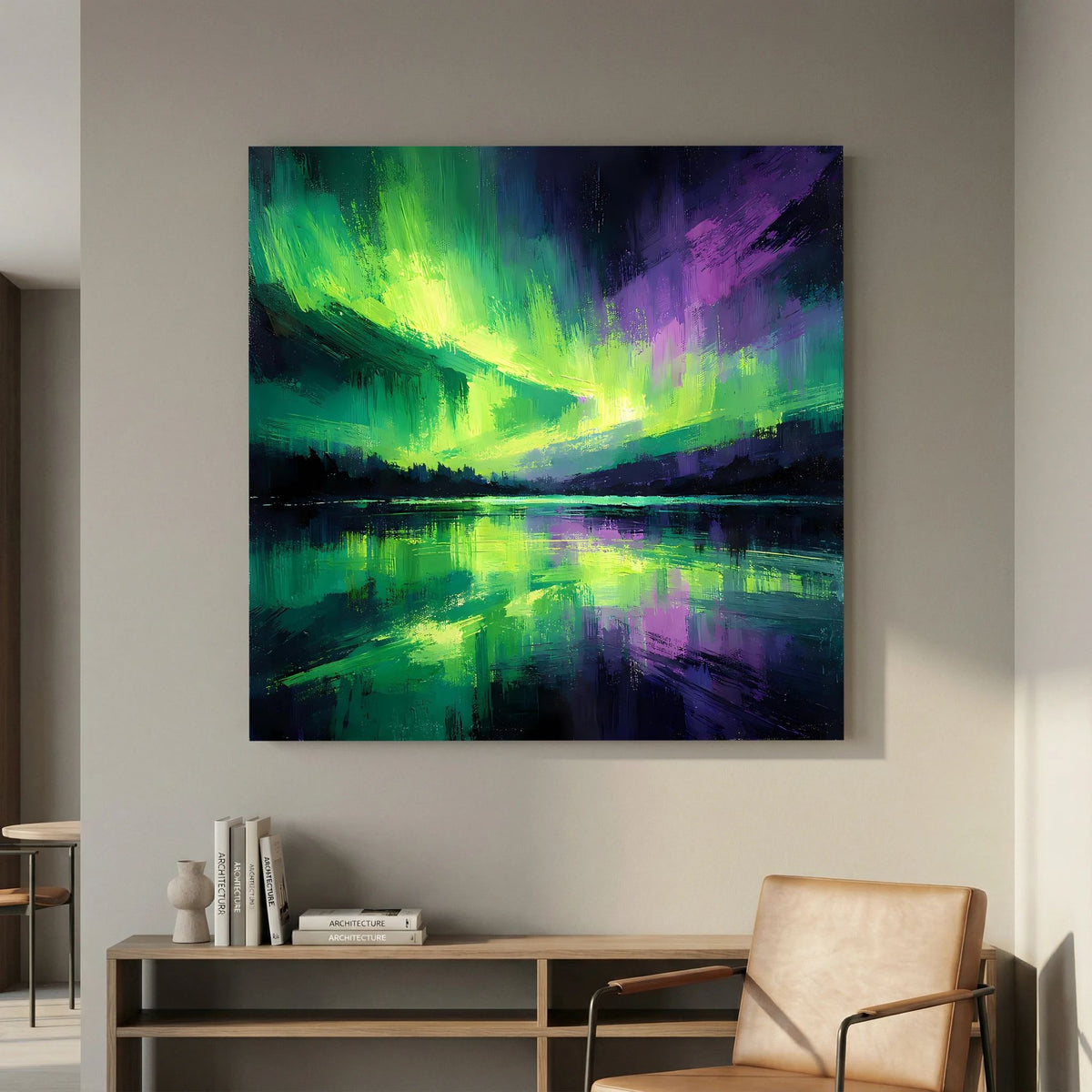 Leinwand-Wandbild mit grünen Lichtstreifen und violettem Himmel, Nordlicht über See
