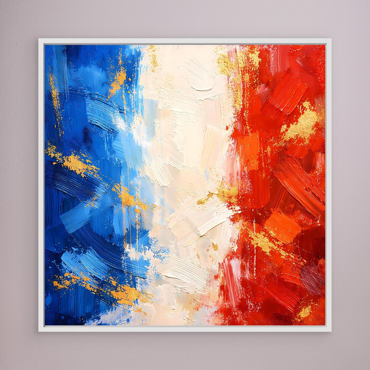 Leinwandbild mit abstrakter Frankreich-Flagge in Blau, Weiß und Rot, weiß gerahmt