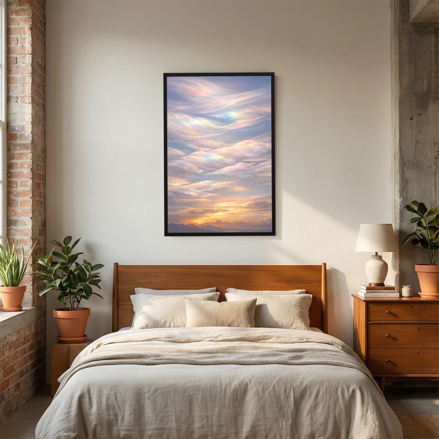 Hochformatiges Poster mit schwarzem Rahmen und Pastellwolken am Sonnenuntergang.