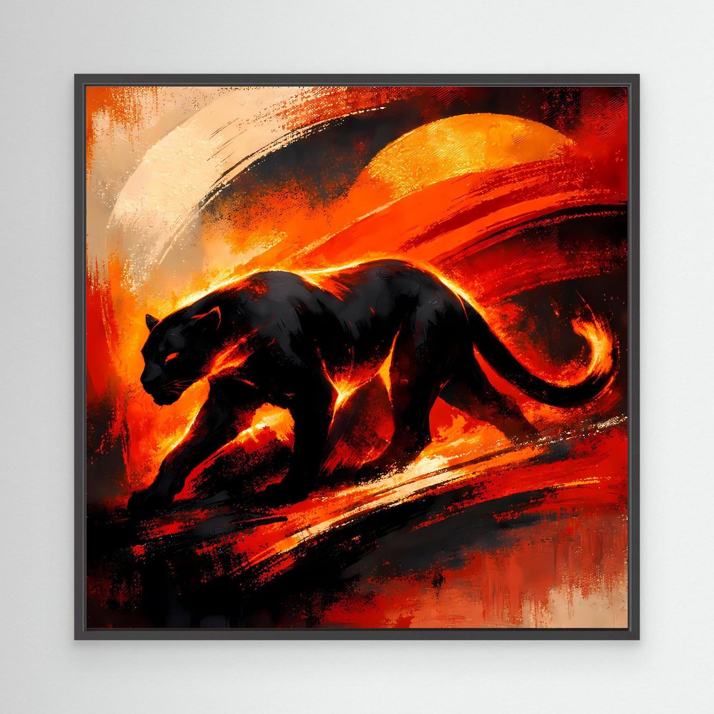 Leinwandbild mit schwarzem Panther in abstraktem Feuerrot im schwarzen Rahmen