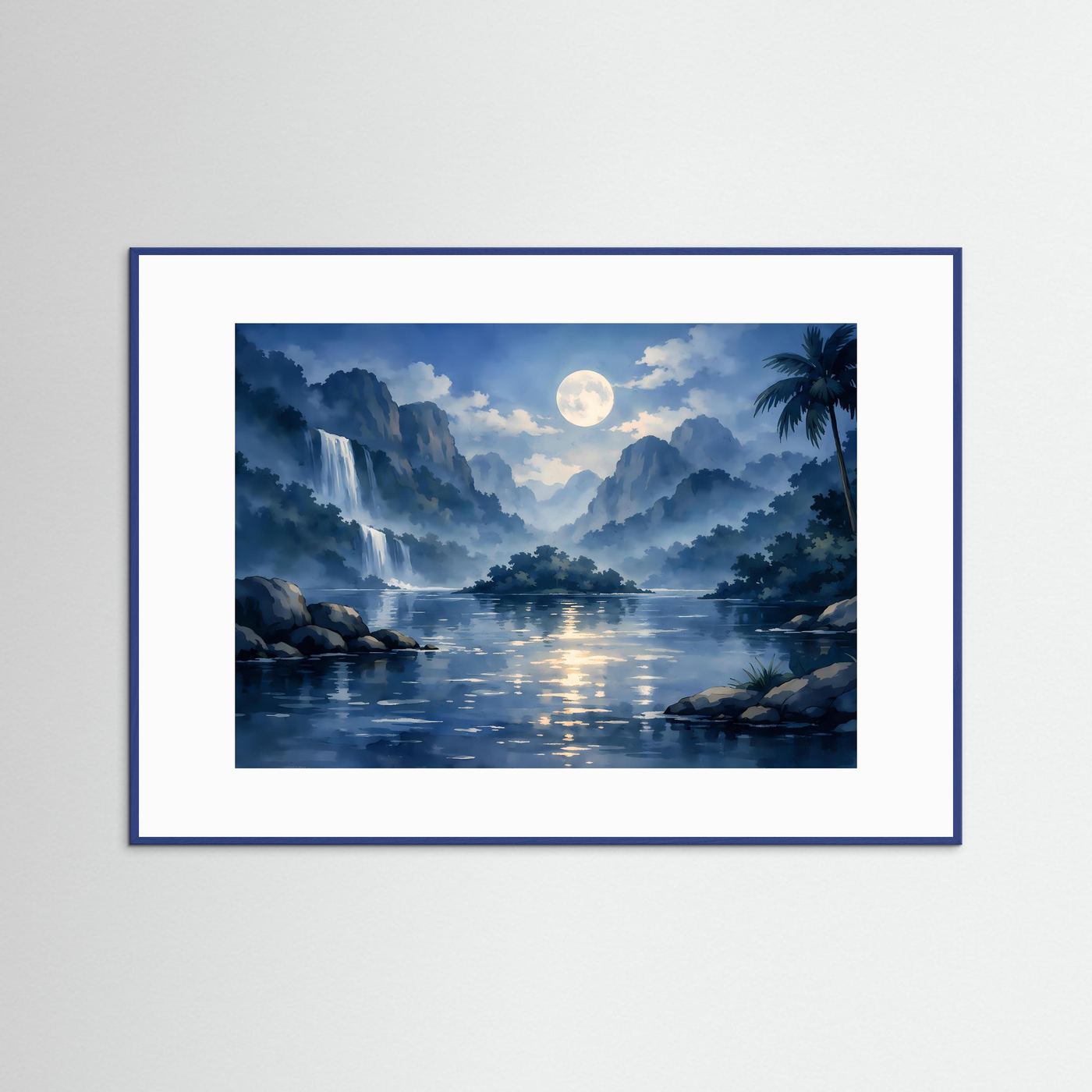 Natur-Poster mit Wasserfall, See und Mond, Palmen, im blauen Rahmen