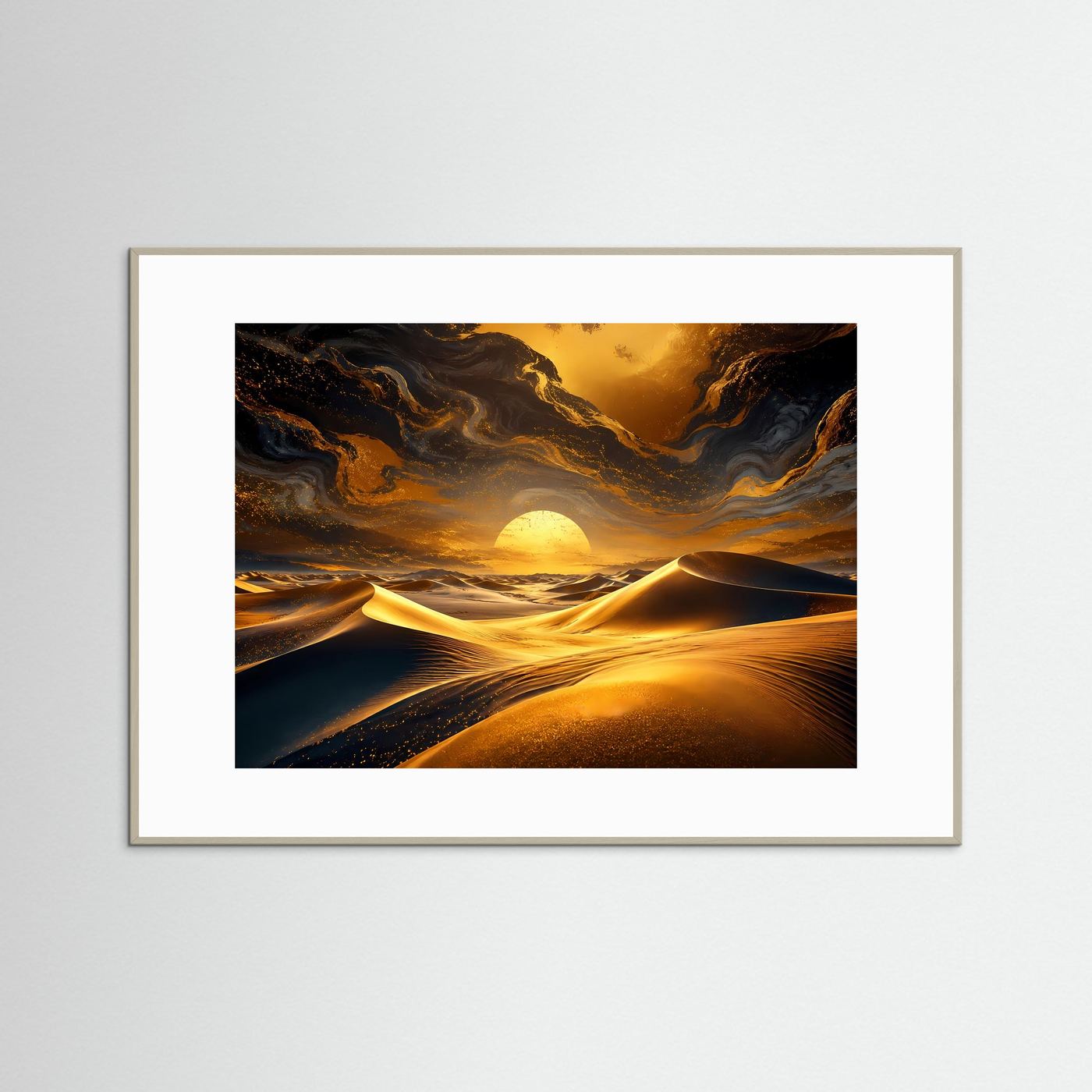 Wüsten Sonnenuntergang Poster | Goldene Dünen Wandbild | Abstrakte Wüstenlandschaft | Moderne Luxus Wandkunst