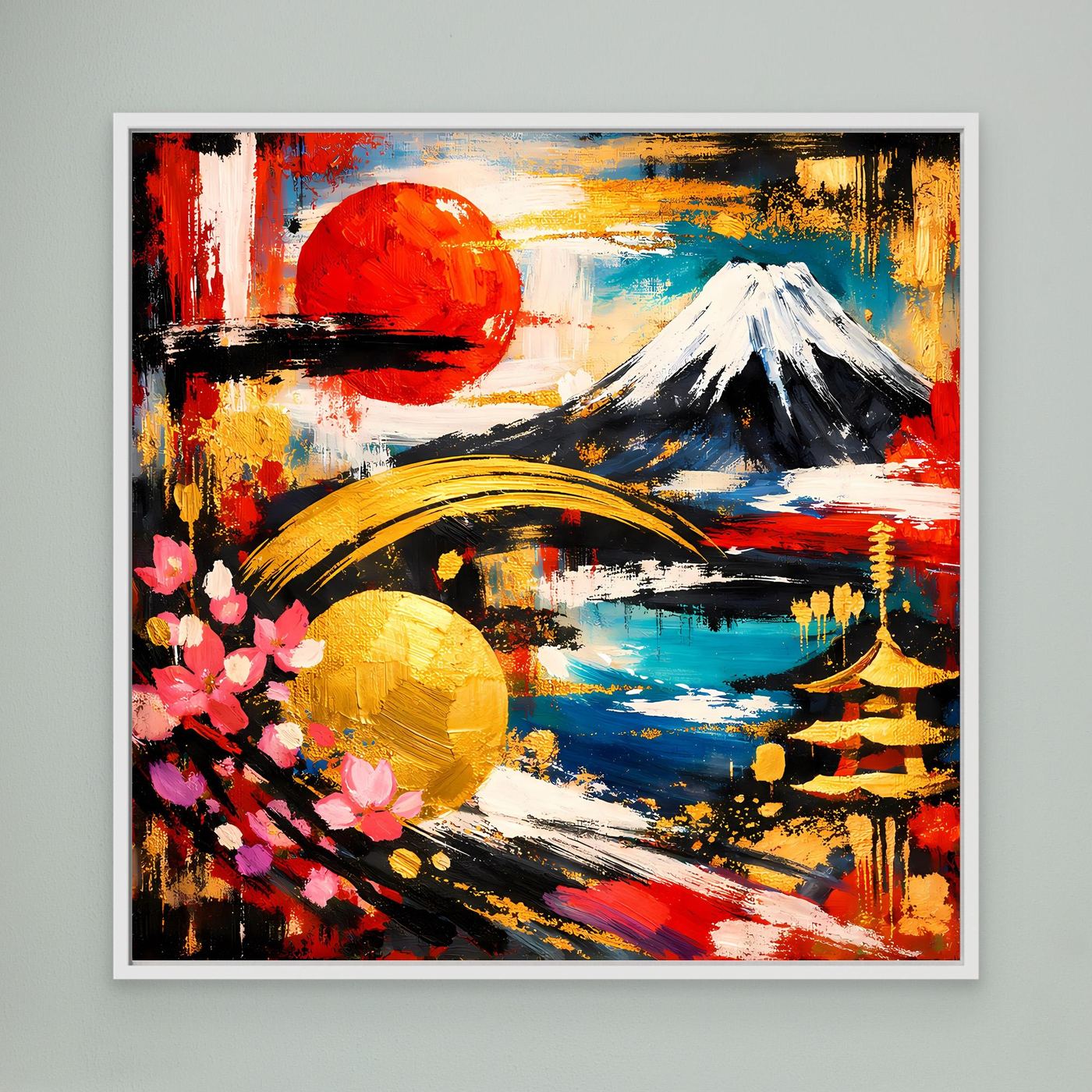 Leinwandbild mit abstraktem Fuji und Kirschblüten, roter Sonne und Farbspritzern im weißen Rahmen.