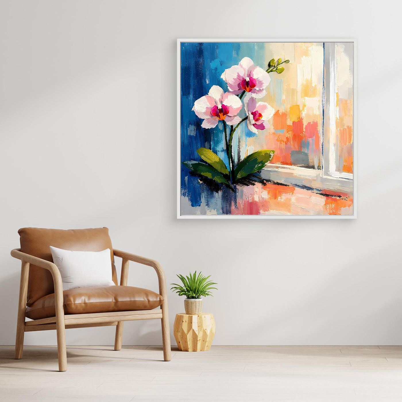 Leinwandbild mit abstrakten Orchideen am Fenster, rosa Blüten, grüne Blätter, weiß gerahmt.