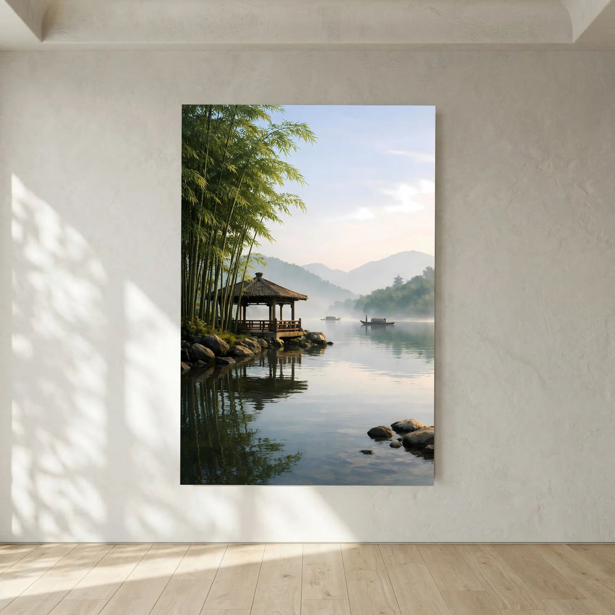 Hochformat-Wandbild mit Bambus am Ufer, Stegpavillon und ruhigem Fluss