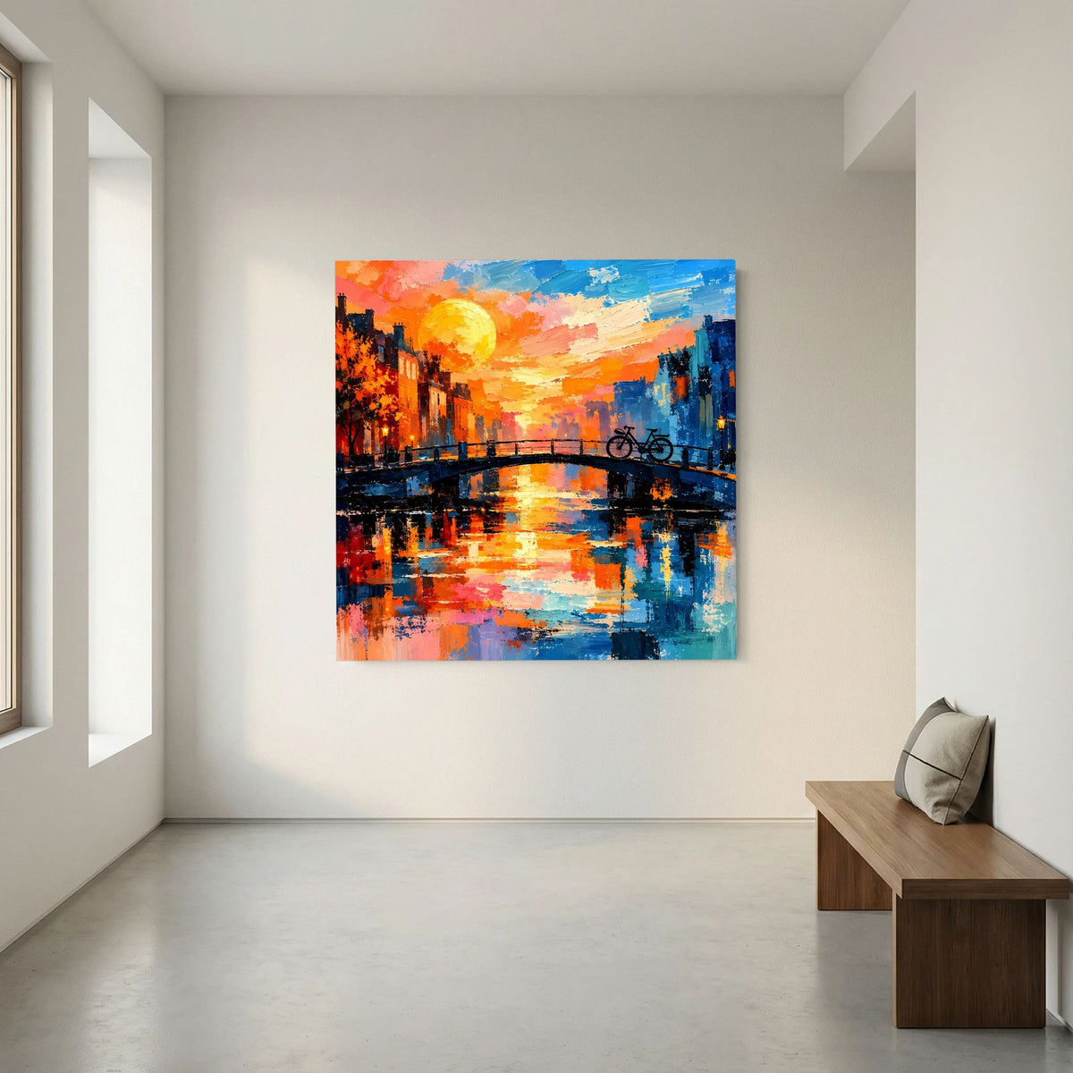 Leinwand Abstraktes Amsterdam Gemälde | Modernes Romantisches Grachten Wandbild mit Fahrrad