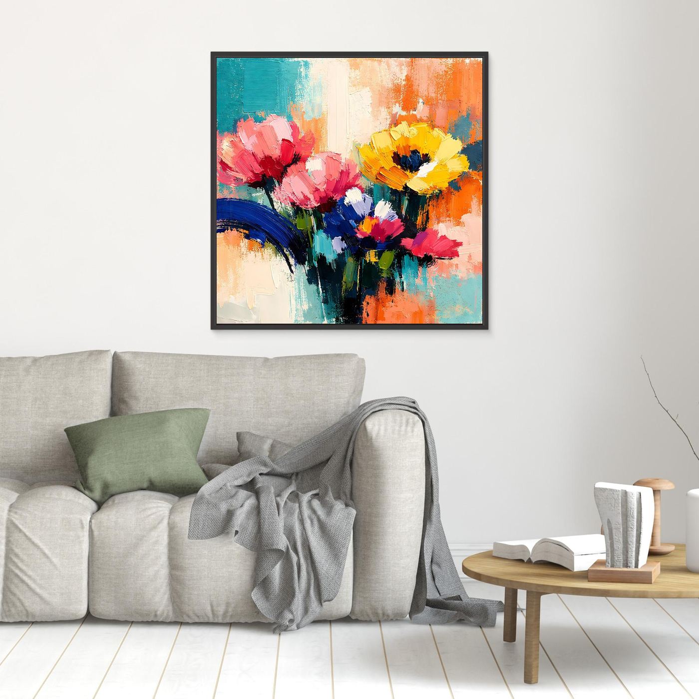 Leinwandbild mit abstrakten Sommerblumen in kräftigen Farben, schwarzer Rahmen