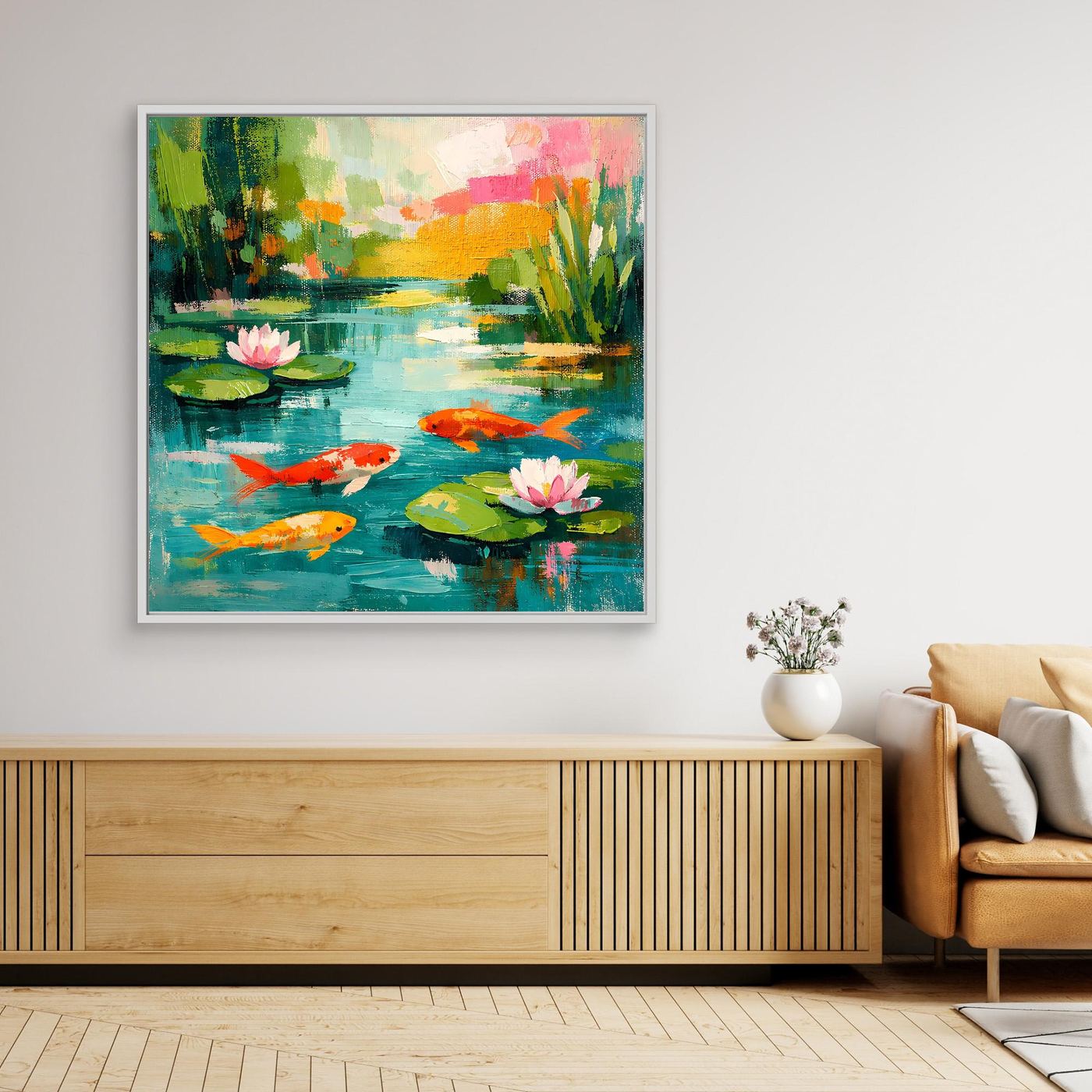 Framed abstract koi pond wall art with koi fish and water lilies, white frame